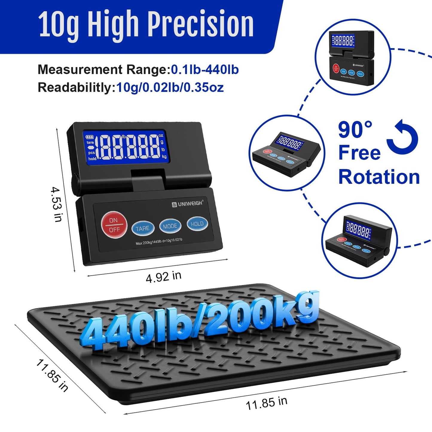 440lb Postal Scale,10g Accuracy Digital Shipping Scale for Packages with Backlit LCD,Alloy Steel Platform,USB-A/Battery Power,Tare/Hold/Auto-Off,Mail Scale for Small Business Postage Weighing