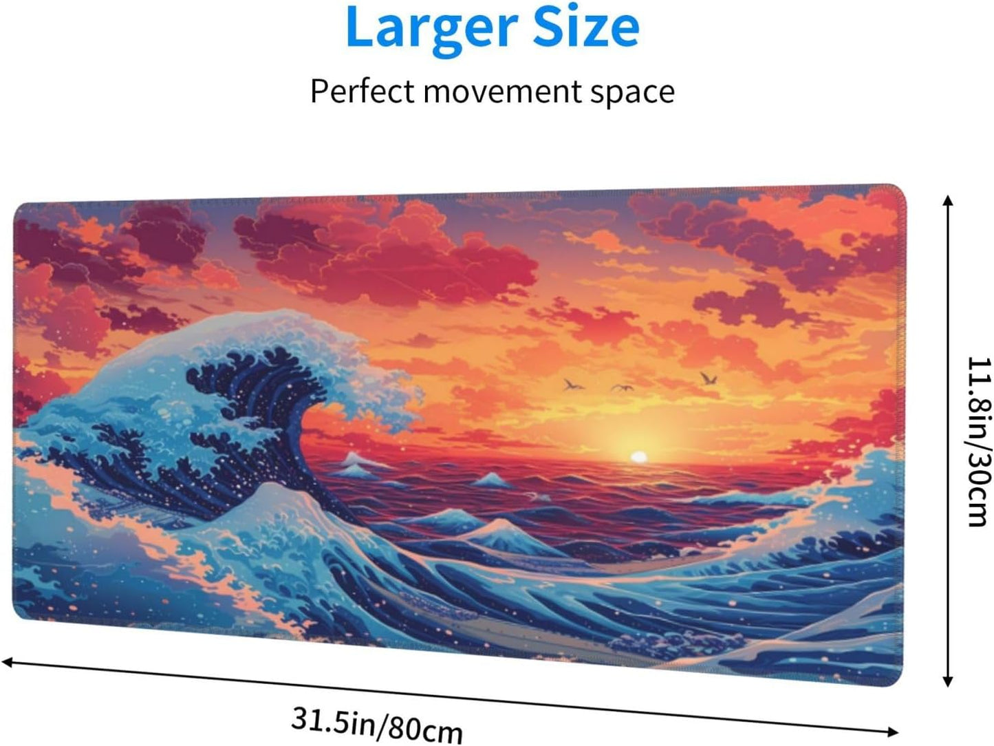Gaming Mouse Pad Desk Pad,Extended Big Mouse Pad,31.5x11.8 Inch Long Computer Keyboard Mouse Mat Mousepad with 3mm Non-Slip Base and Stitched Edge for Gaming and Office… (Sunset Wave)
