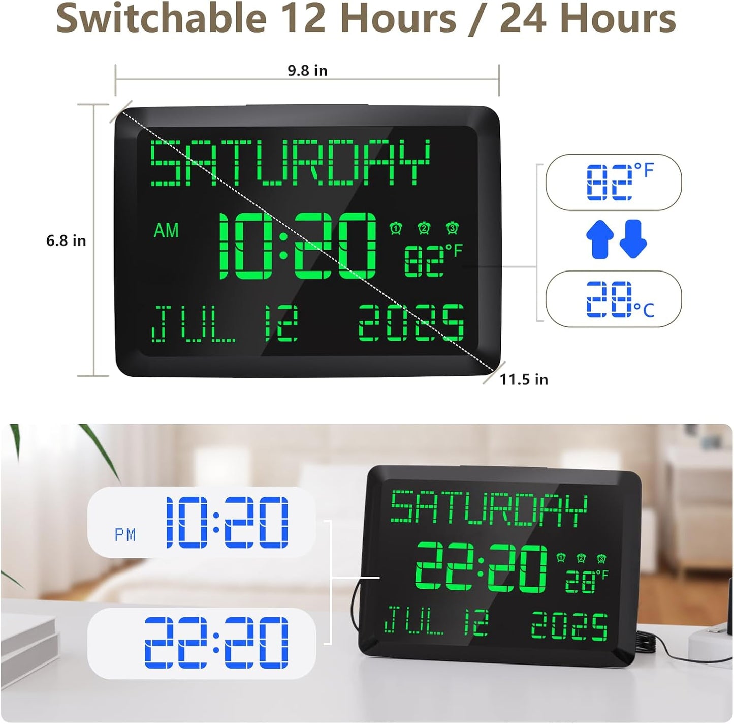 Raynic Day Clock, 11.5" Large Display Calendar Clock with Day and Date, Indoor Temperature, Adjustable Brightness, Snooze,12/24H, DST for Home, Office, Elderly