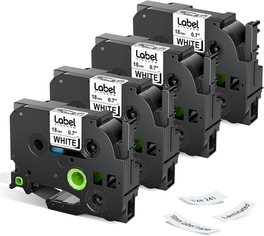 Label KINGDOM 18mm 0.7” Label Maker Tape Compatible with Brother P Touch TZe-241 Laminated White TZ Tape for PT-D410 D400 D600 P700 Printer, TZ-241 (3/4in x 26.2ft) 4-Pack