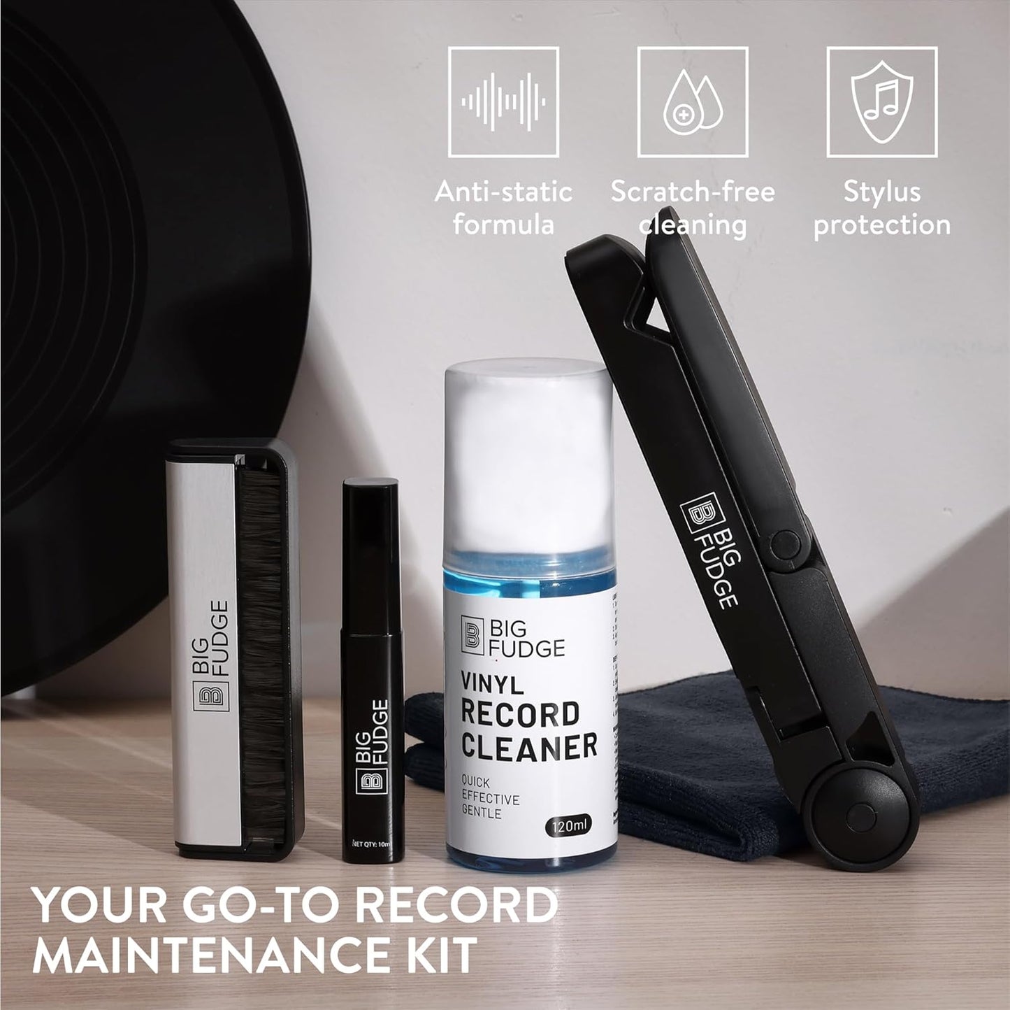 BIG FUDGE Professional Series Vinyl Record Cleaner Kit - Vinyl Record Cleaning Kit Includes Vinyl Record Brush Cleaning Fluid, Stylus Gel, Brush for Velvet, Padded Storage Case