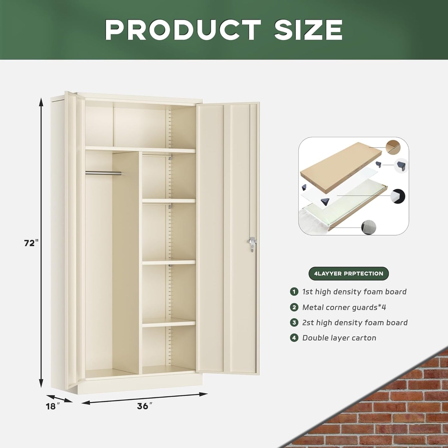 Greenvelly Metal Wardrobe Cabinet with Lock Door, 72" Metal Wardrobe Closet with Hanging Rods and Adjustable Shelves, Clothing Storage Closet Cabinet for Home, Office, Employee, Gym (Grey)