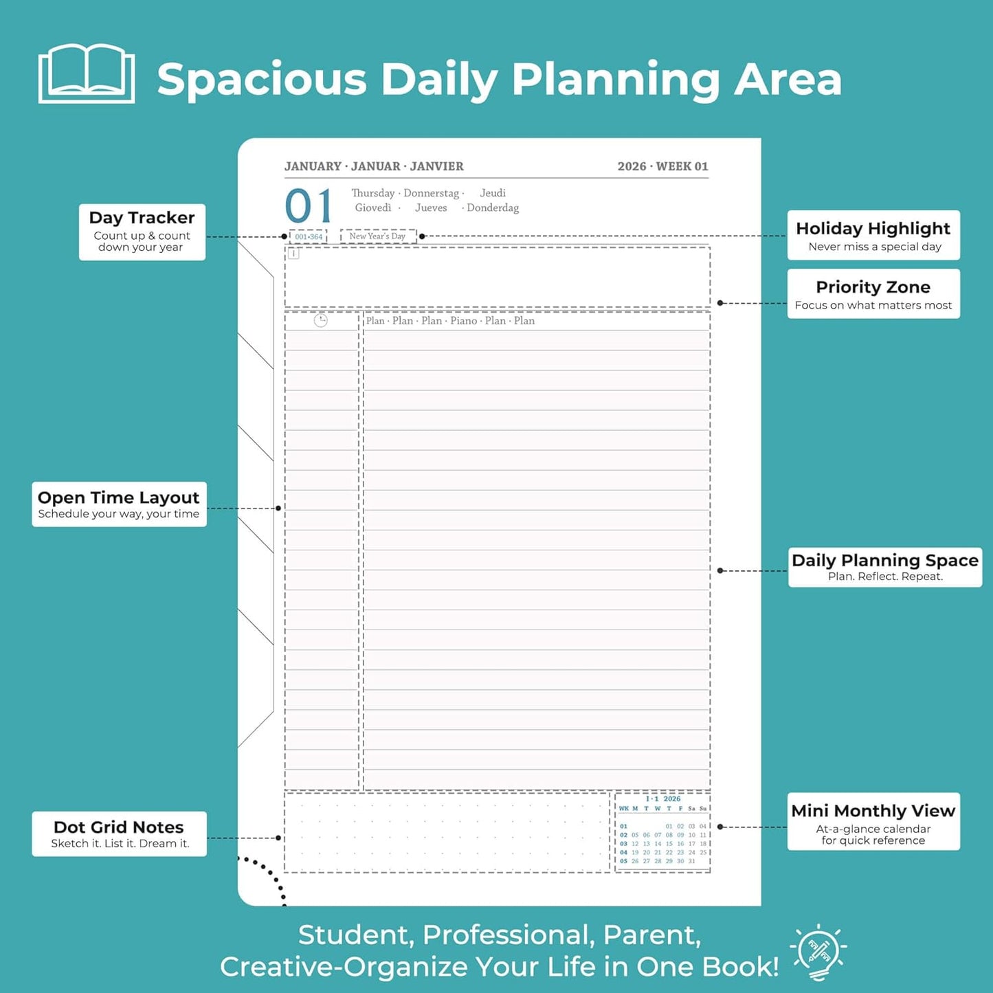 Daily Planner 2026 with One Page Per Day,(A5-8.5" x 5.9"),12 Months Calendar Hourly Appointment Book Monthly Tabs & Self-adhesive Pen Holder,Inner Pocket, Vegan Leather Hardback,Light Blue