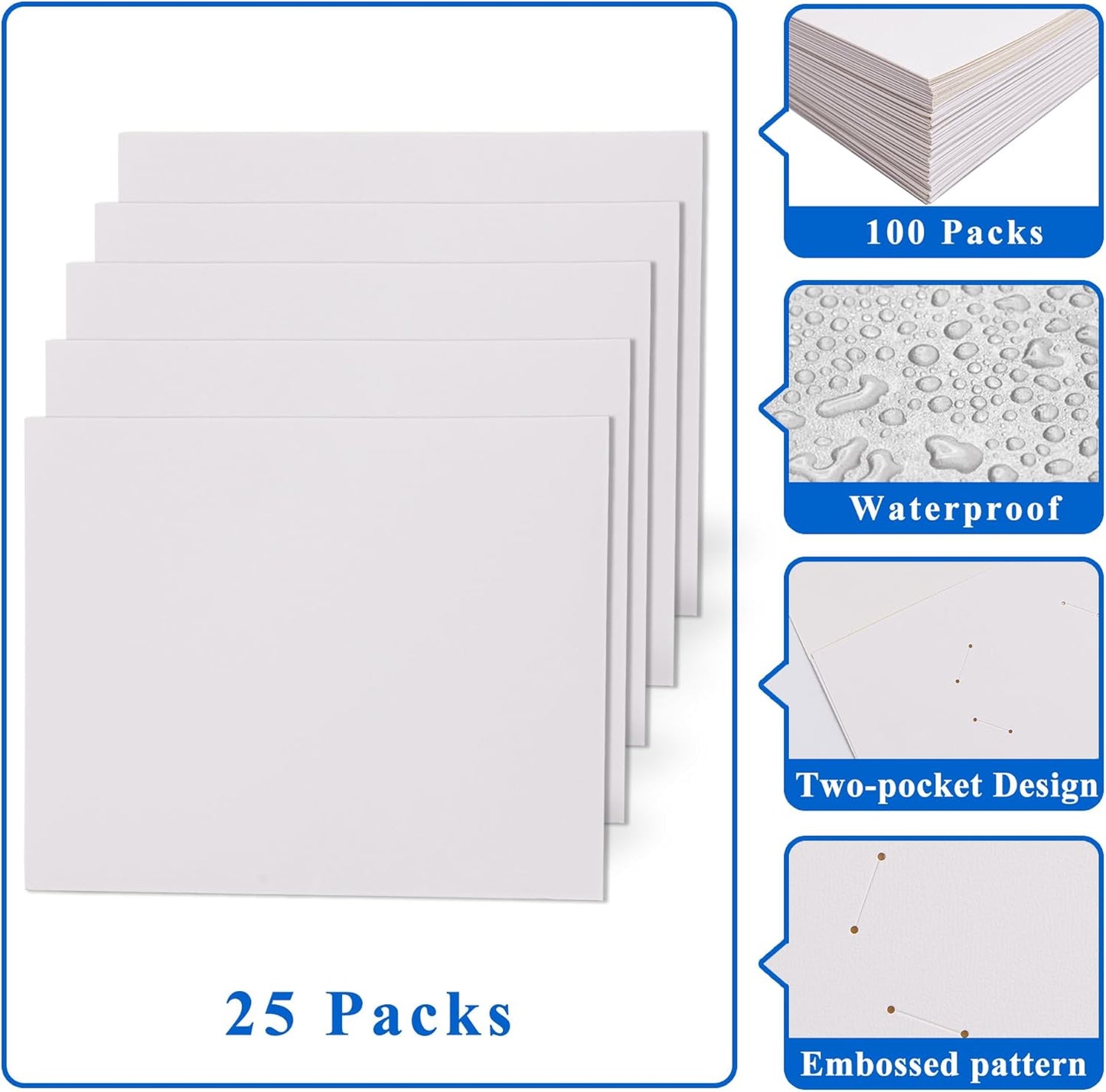 Zzrywuty 25 Packs Two Pocket File Folders with Business Card Slot,Textured Paper,Letter Size,Holds 100 Sheets for School,Office,Business,White