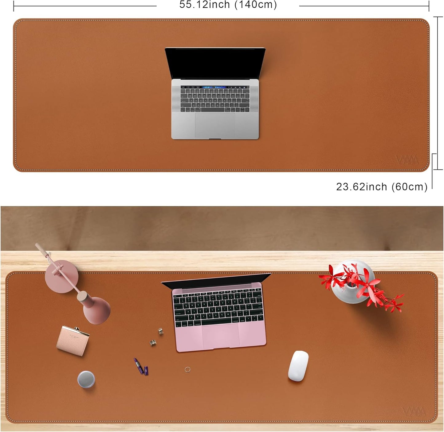 Desk Mat on top of Desks, Vyaaa 55" x 23.6" PU Leather Desk Mat, Large Desk Blotter Pad for Office, Home, Gaming, Computer, Laptop, Keyboard and Mouse - Light Brown