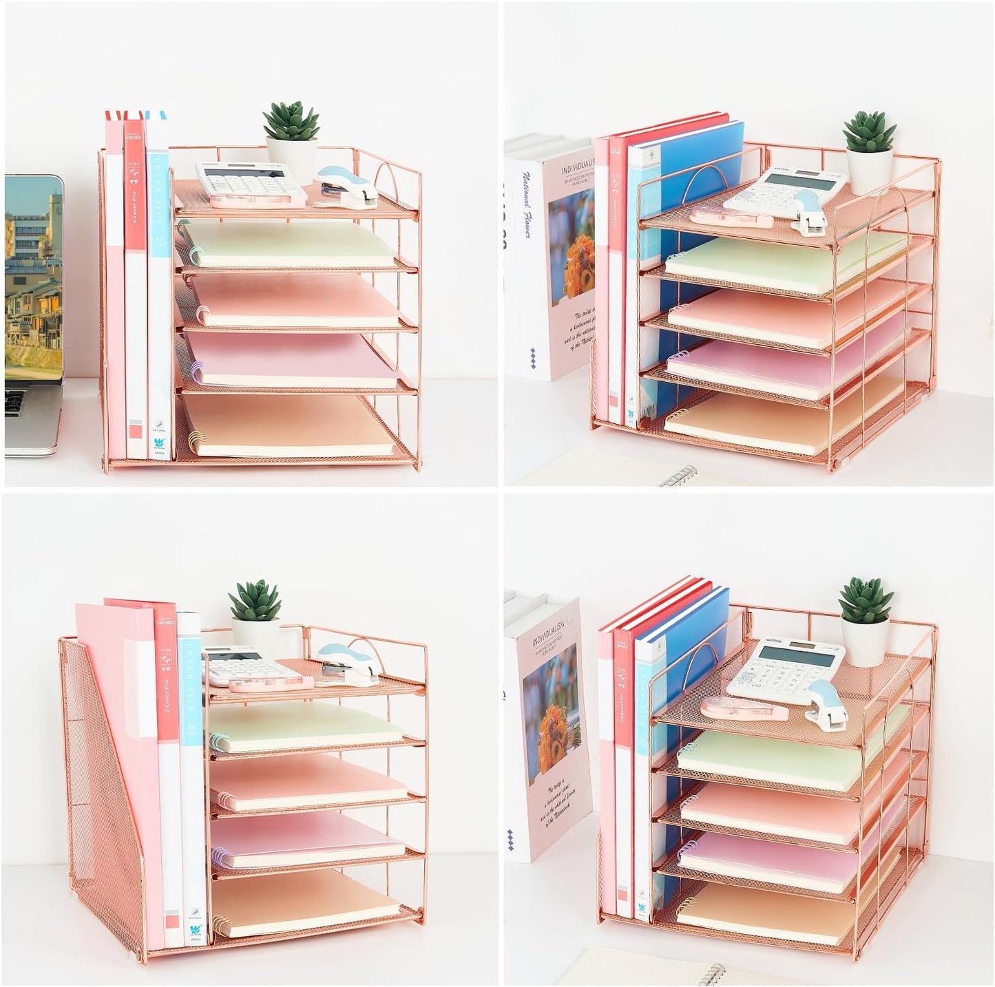 Desk Organizers and Accessories, 5-Tier Paper Letter Tray Organizer with File Holder, Desktop Organizer for Office Supplies, Office Desk Accessories & Workspace (Rose Gold)