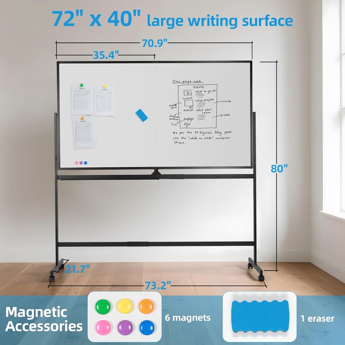 VOWNER Double-Sided Magnetic Whiteboard, 72" x 40" Large Mobile Dry Erase Board, Reversible Rolling White Board with Aluminum Frame & Stand, for Home Office, Classroom, School, Black