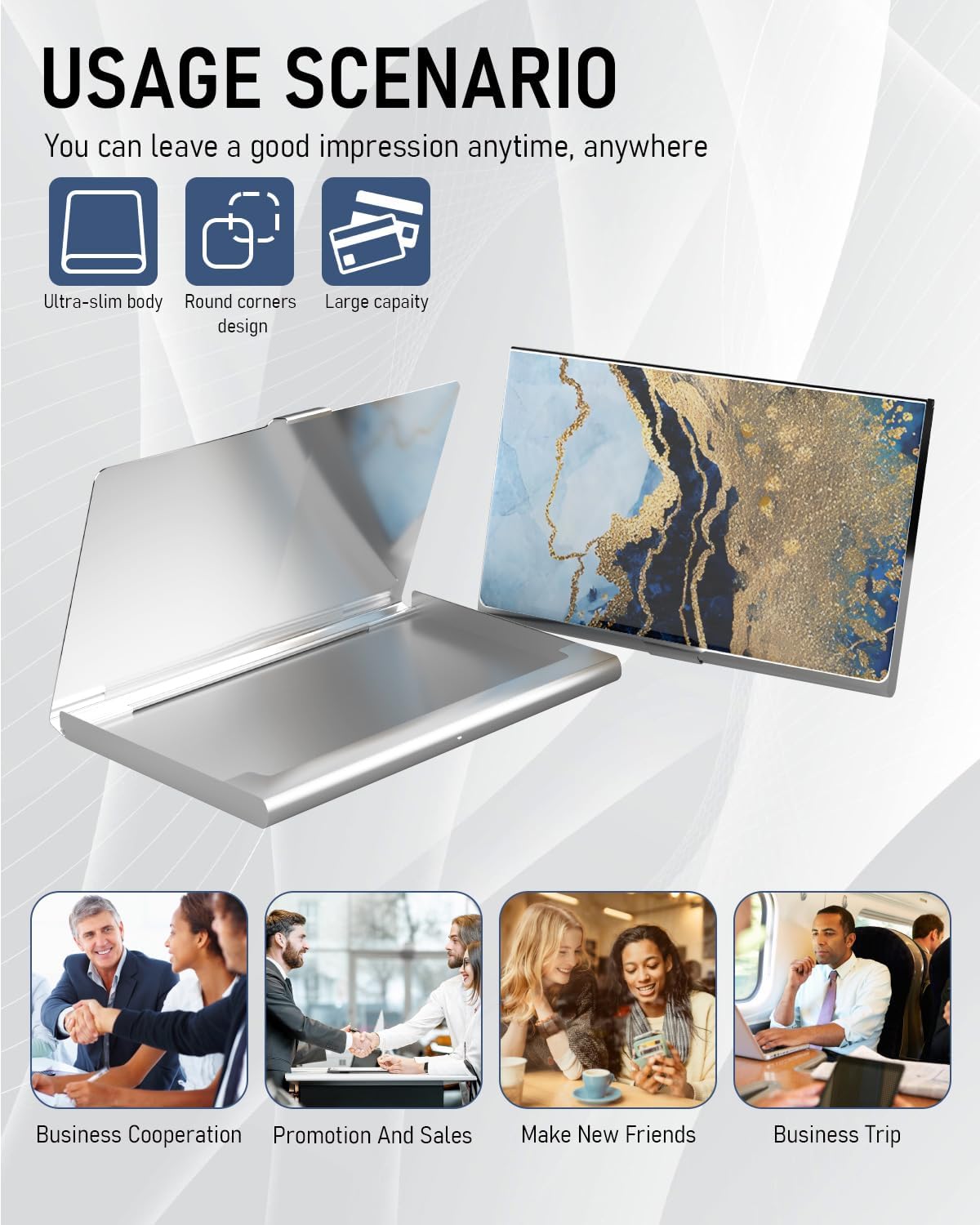 Business Card Metal Slim Organizer, Professional Stainless Steel Square Pocket Wallet for Office Workers, Compact and Portable for Pockets (Gold Black Marble)