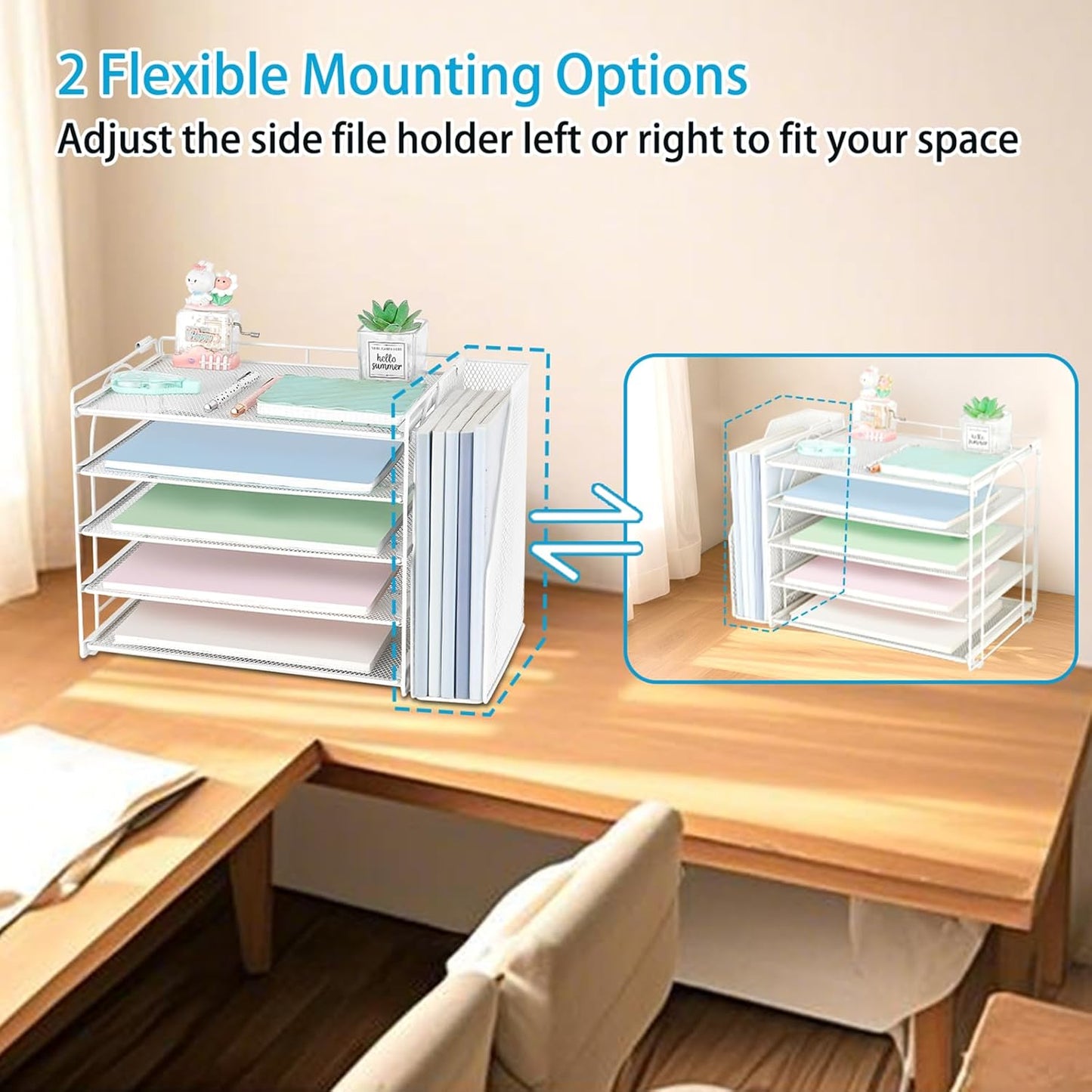 AUPSEN White Desk Organizers and Accessories, 5-Tier Letter Tray Paper Organizer with Adjustable File Holder, Desktop Office Desk Accessories for Office Supplies