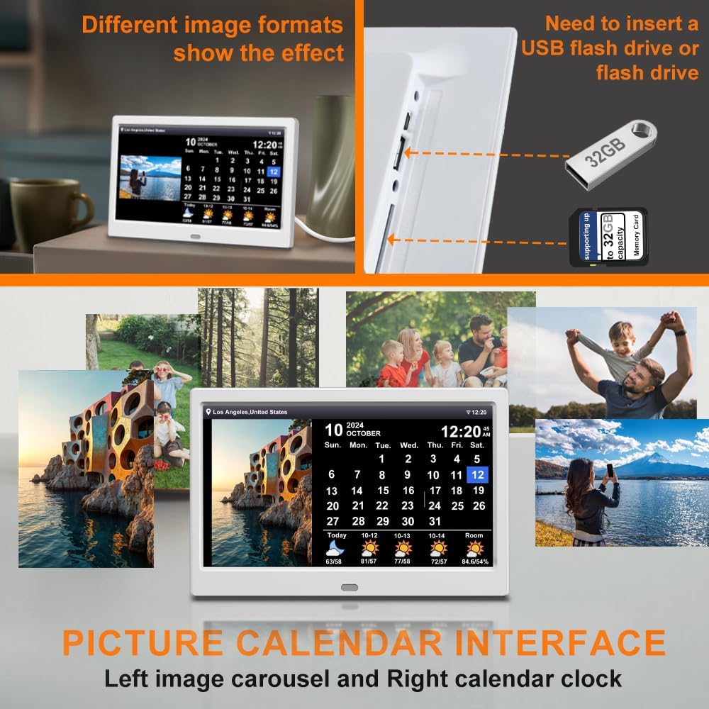 Digital Alarm Clock with Date and Time for Elderly Digital Calendar Clock Photo Frame- Auto Dimmable Display 15 Alarm Options (10 inch White)