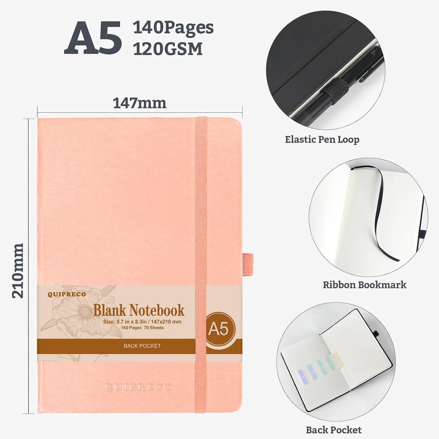 Blank Hardcover Sketch Book Notebook, A5 140 Pages 120Gsm Thick Journal for Drawing,School,Work,Diary，5.7''*8.3'',Blush