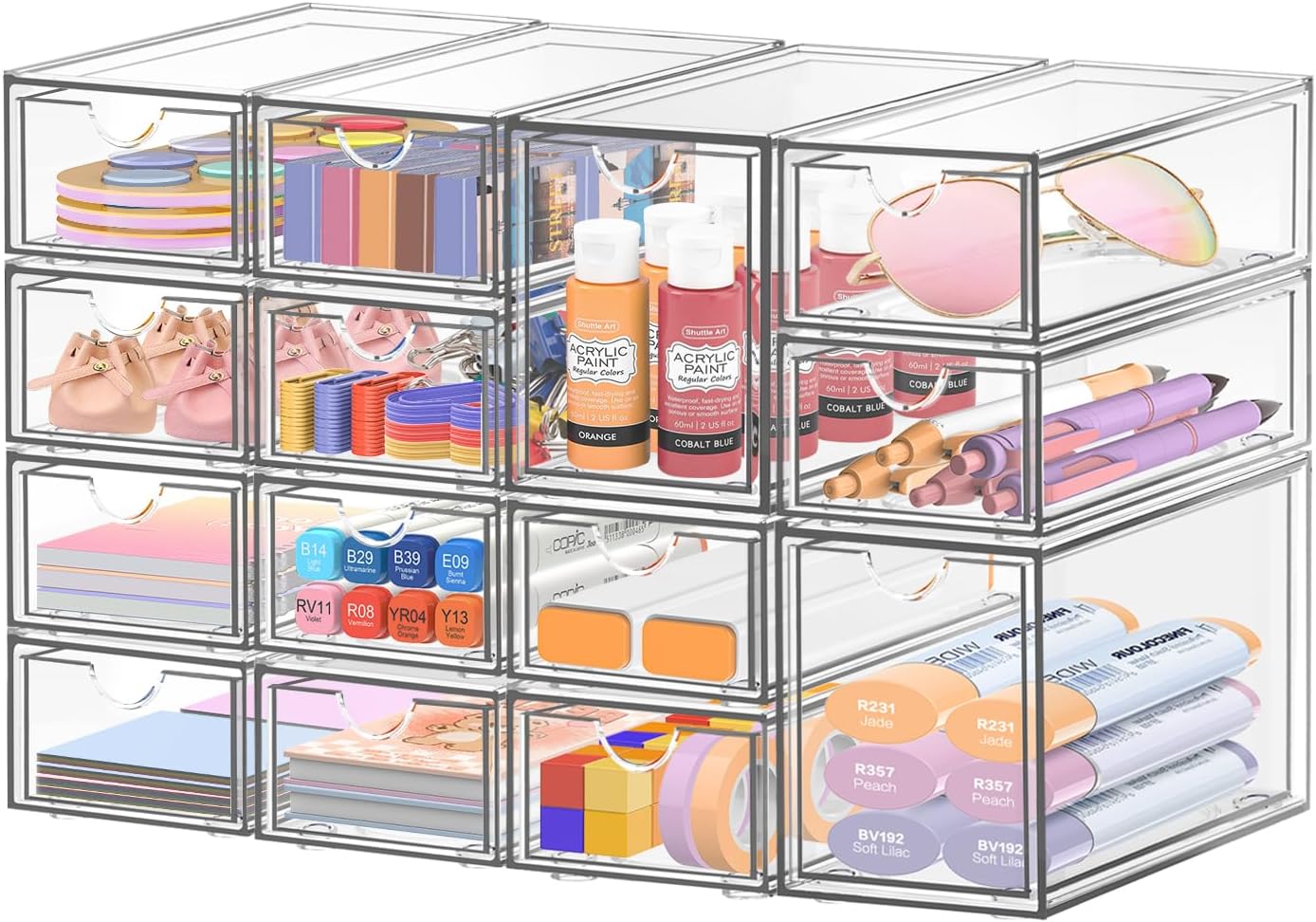 Desk Organizer with 14 Drawers, FODIENS 14 Packs Acrylic Stackable Desktop Storage Drawer Makeup Organizer, Clear Craft Storage Box Cabinets for Office Vanity Countertop Bathroom Bedroom