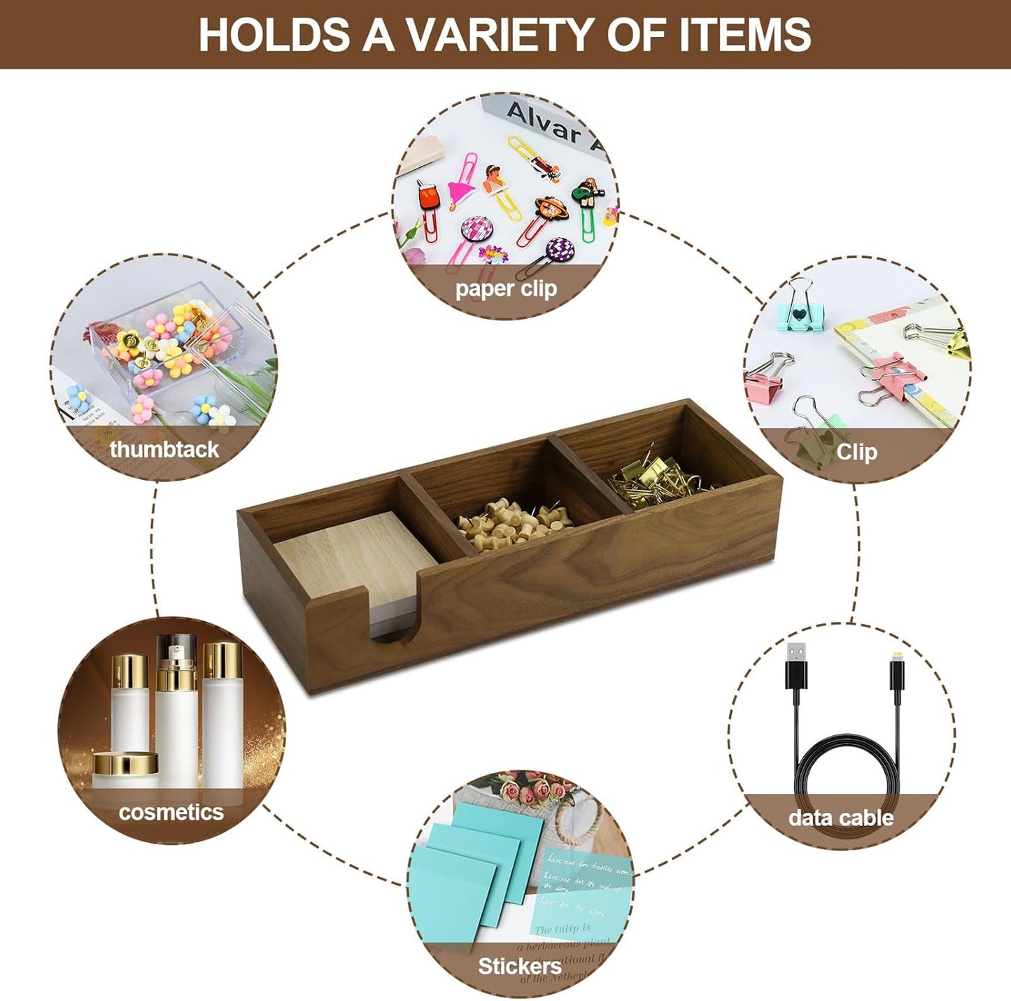 Buqoo 3 in1 Walnut Wooden Sticky Note Holder, 12" x 4.3" x 2.4" Self Stick Note Pads Holder Memo Pad Dispenser for School N Home Office Supplies