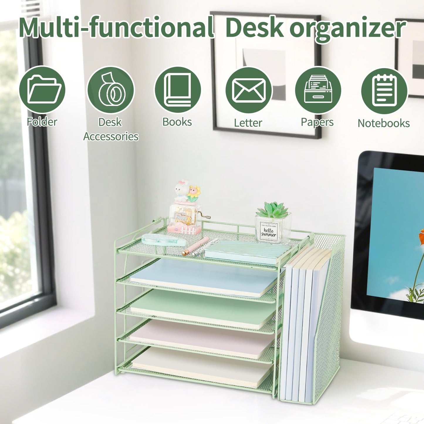 AUPSEN Green Desk Accessories Organizer,5-Tier Letter Tray Paper Organizer with Adjustable File Holder, Desktop Office Desk Accessories for Office Supplies