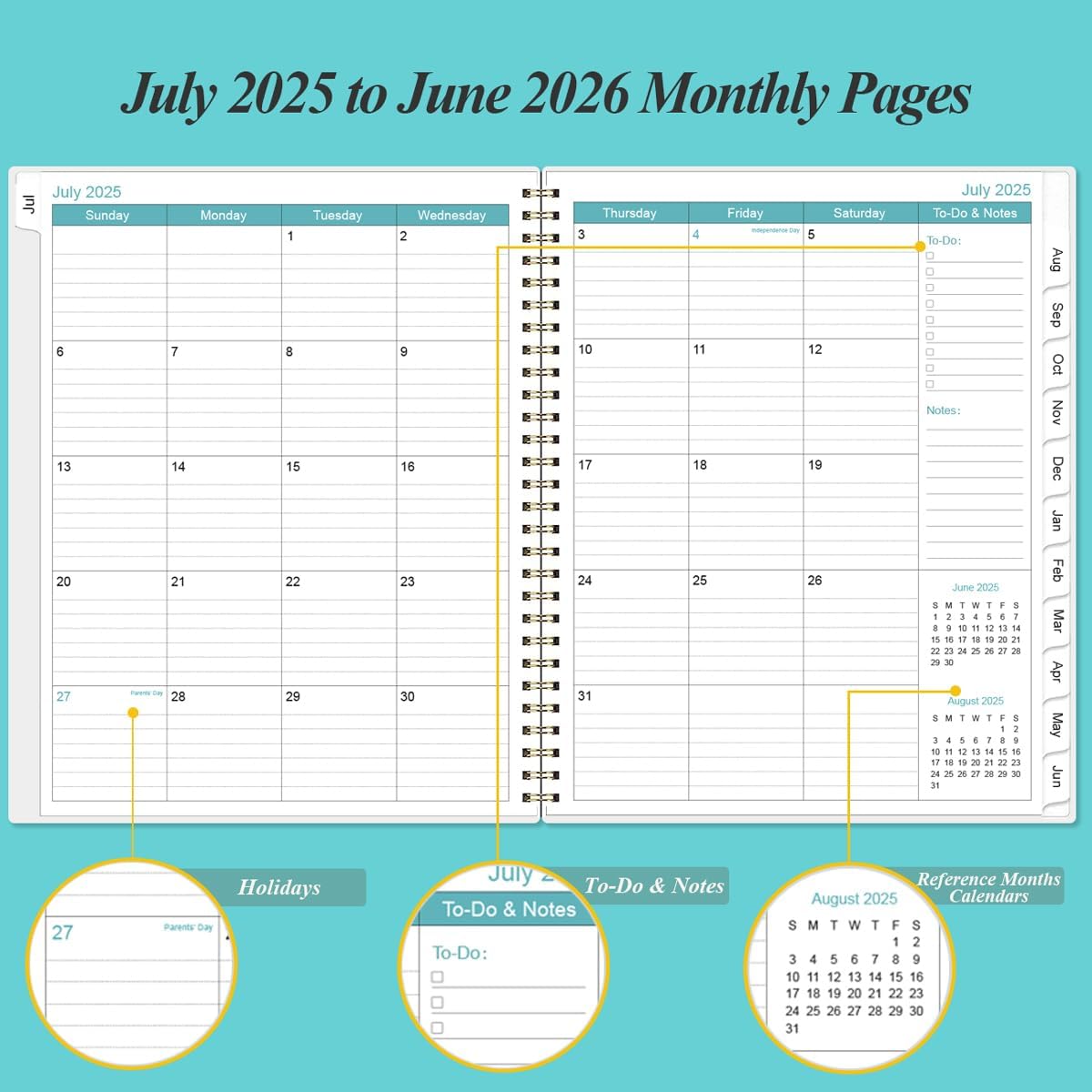 2025-2026 Planner - Academic Planner 2025-2026 from July 2025 to June 2026 with 12 Monthly Tabs, Flexible Cover, Inner Pocket, 8.5" x 11", Teal Flowers
