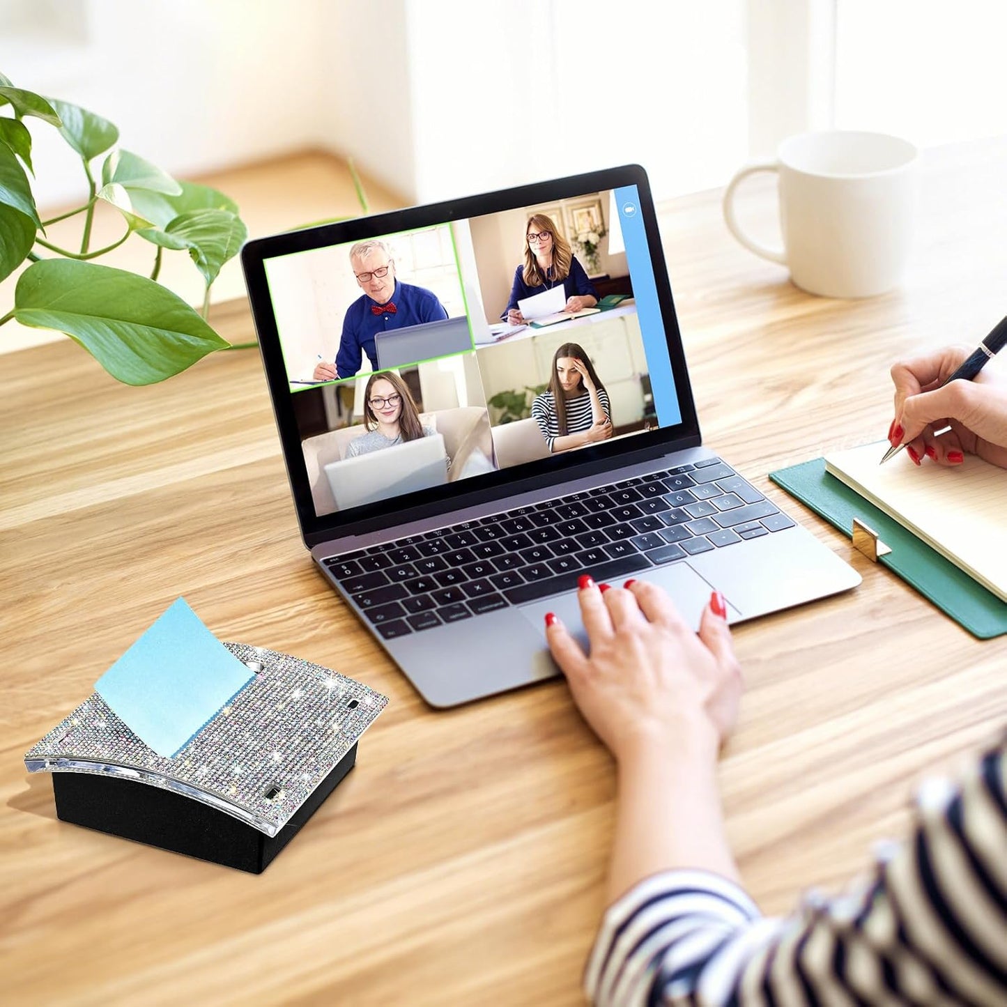 FOTN 4 x 4 Inches Note Holder Dispenser Sticky Note Holder,Bling Self Stick Note Pad Holders Cute Sticky Note Holder for Office Home Classroom Desk Supplies, White