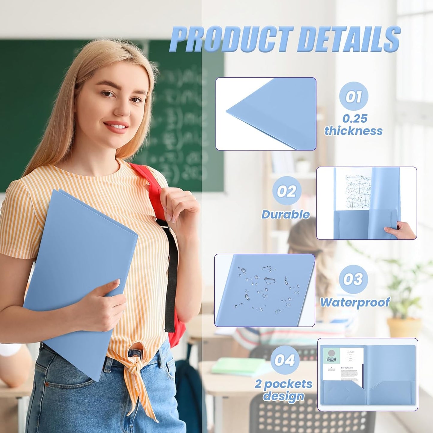 Gueevin 50 Pcs Plastic Folders with Pockets, Back to School Two Pocket Folder Fit Letter Size, Heavy Duty School Business Card Holder for Home Office, 11. 61 x 9. 45 Inches (Haze Blue)