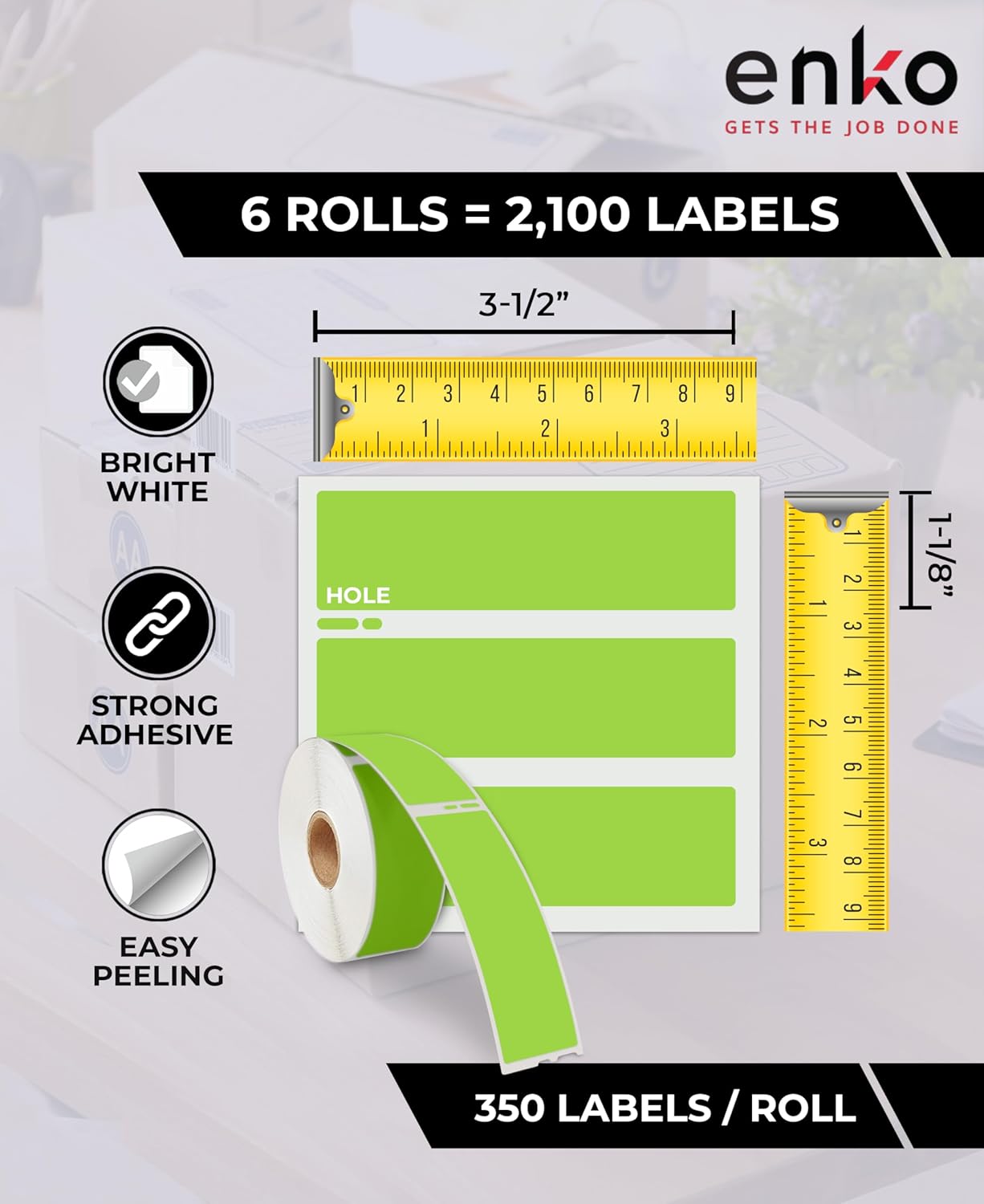 enKo [6 Rolls, 2100 Labels] Address, Shipping & Barcode Labels 30252 - Green (1-1/8" x 3-1/2") Compatible for Dymo LabelWriter & Rollo Printer