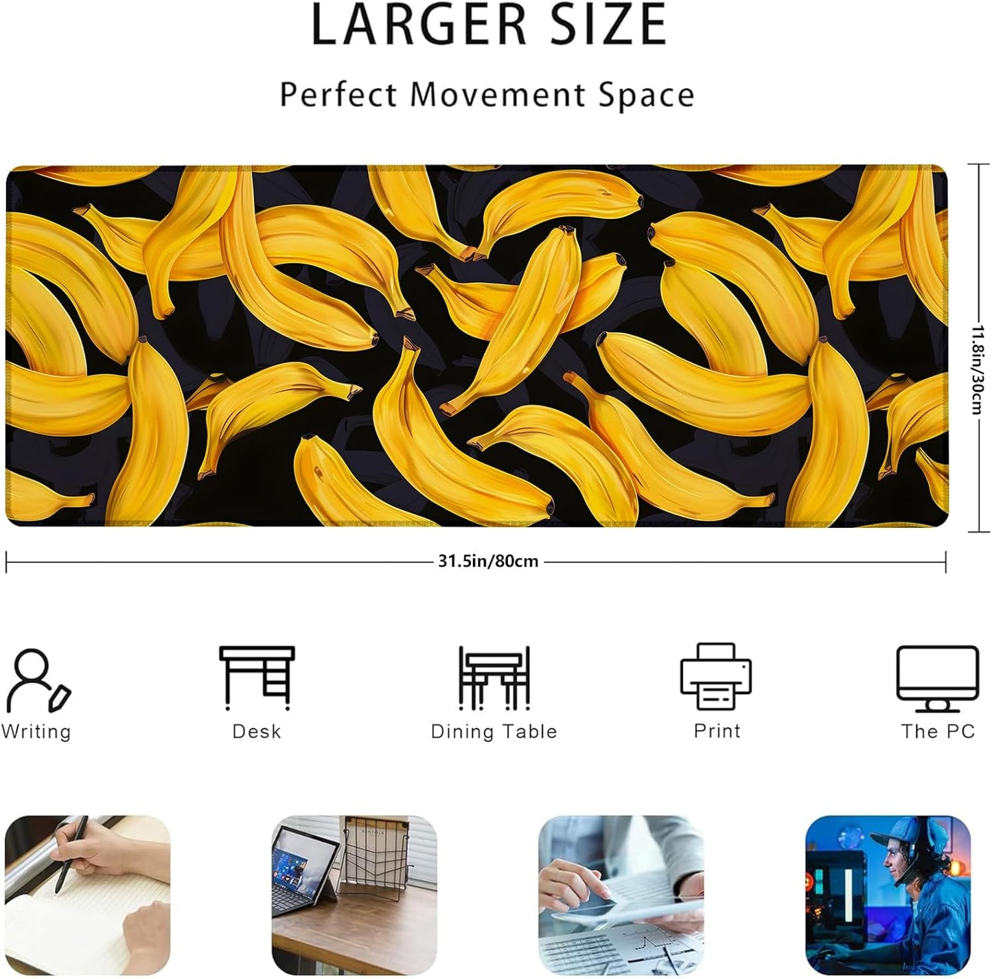 Banana Pattern Gaming Mouse Pad Gifts 31.5" x 11.8", Non-Slip Rubber Base MousePads for Computers Laptop School Office Home Accessories Decor, Mouse Pad, Keyboard Desk Mat