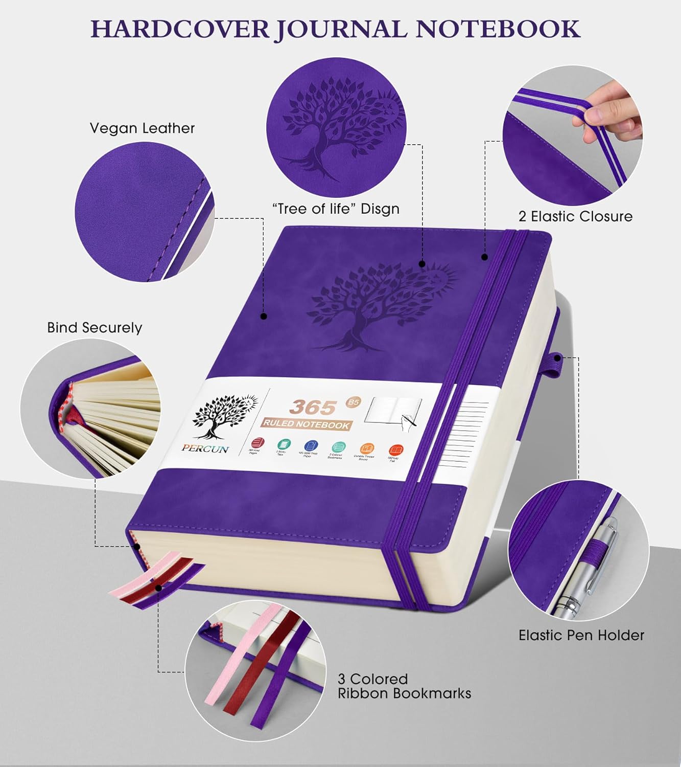 B5 Lined Journal Notebook - 365 Page Large Leather Journals for Writing Women Men，Hardcover Notebook with 100Gsm Thick Pages，Daily Diary for Travel, Work，School，College Ruled (7.6" x 10.3")