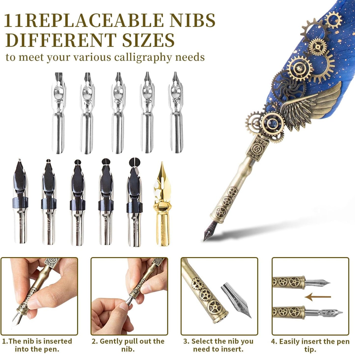 Calligraphy Pens and Ink Set - Calligraphy Kits for Beginners,Quill Pen Includes Dip Pen,8*Colors Ink,11*Calligraphy Pen Nibs（Blue）