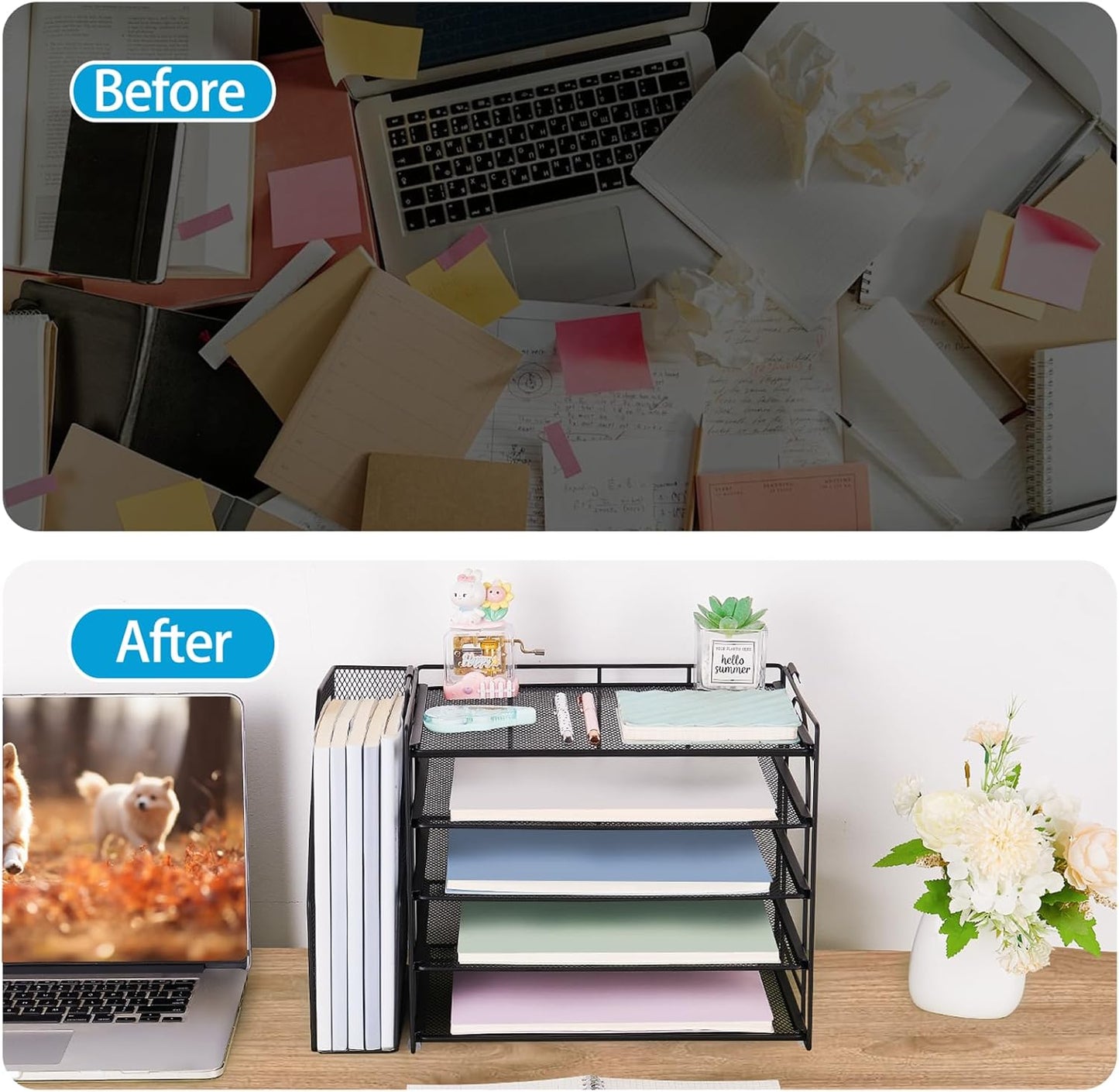 AUPSEN Desk Organizers and Accessories, 5-Tier Desktop Paper File Organizer with Removable File Holder, Desk Accessories & Workspace Organization for Home Office Supplies (Black)