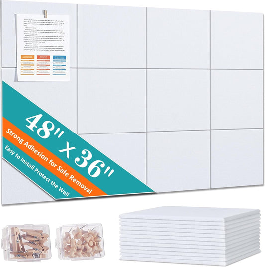 Cork Board for Walls 48" x 36" - White Bulletin Board - 12 Pack Felt Wall Tiles with Safe Removable Adhesive Tabs - Large Corkboard for Office Classroom Home Decor - Snow White