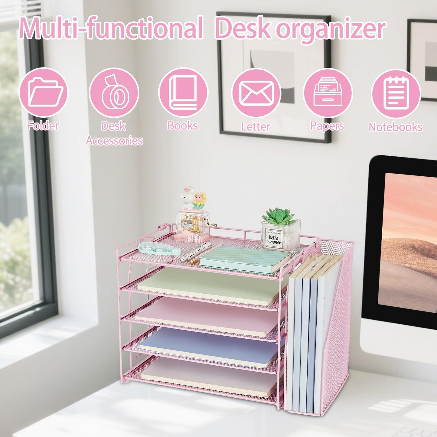 AUPSEN Pink Desk Organizers and Accessories,5-Tier Desktop Paper File Organizer with Adjustable File Holder, Office Desk Accessories for Office Supplies