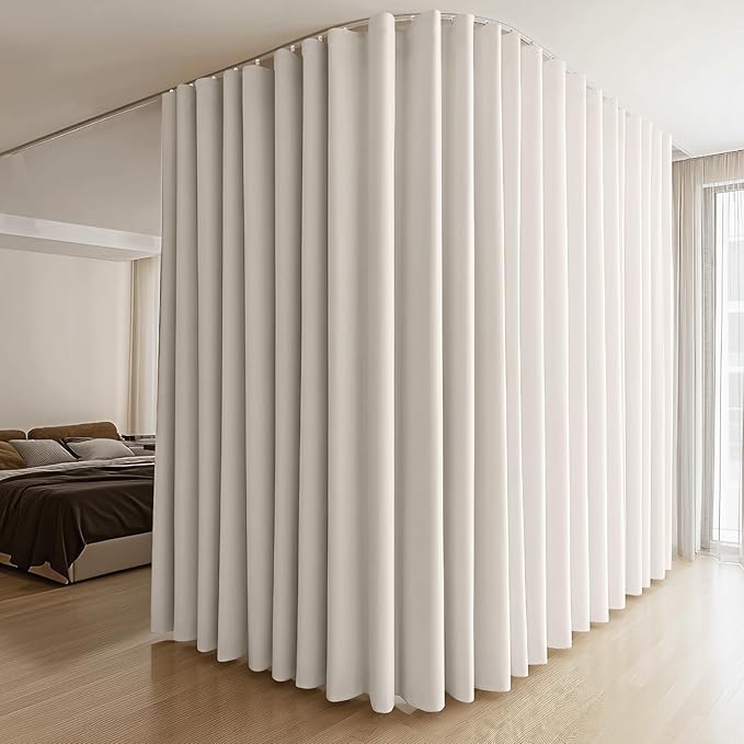 Room Divider Curtains & Flexible Bendable Tracks Set,Privacy Dividers Ceiling Track Curtain Window Blackout Curtains for Living Room Bedroom (W120 × H108 In 1 Panel Beige Drape & White Rail)