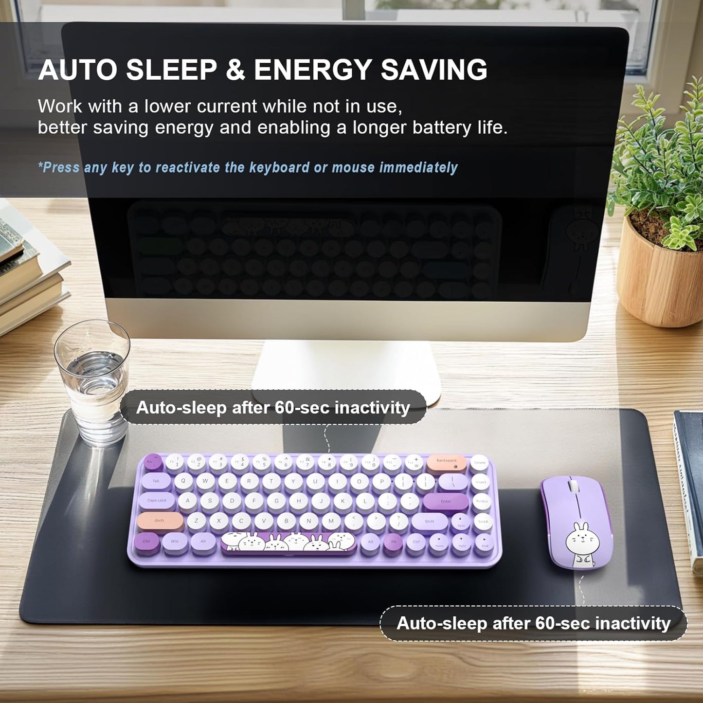 FOPETT Wireless Keyboard and Mouse Cute Mouse and Keyboard 2.4G Wireless Keyboards with Colorful 68 Keys Typewriter Retro Round Keycap for PC, Laptop,Tablet,Computer Windows - Purple Colorful