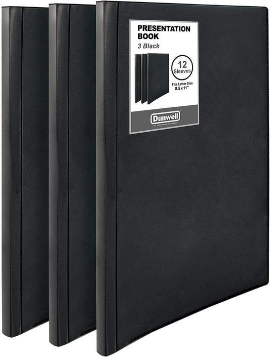Dunwell Presentation Binder 12-Pocket, Displays 24 Pages, 8.5x11 Portfolio Binder with Plastic Sleeves, Storage and Organizer for Documents, Certificates, Projects, Photos (3 Pack, Black)