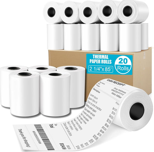 2 1/4" x 85' Thermal Paper Receipt Rolls 2.25 x 85 ft, 20 Rolls Thermal Printer Paper for Credit Card, Cash Register, POS Receipt, Square Credit Card Machines