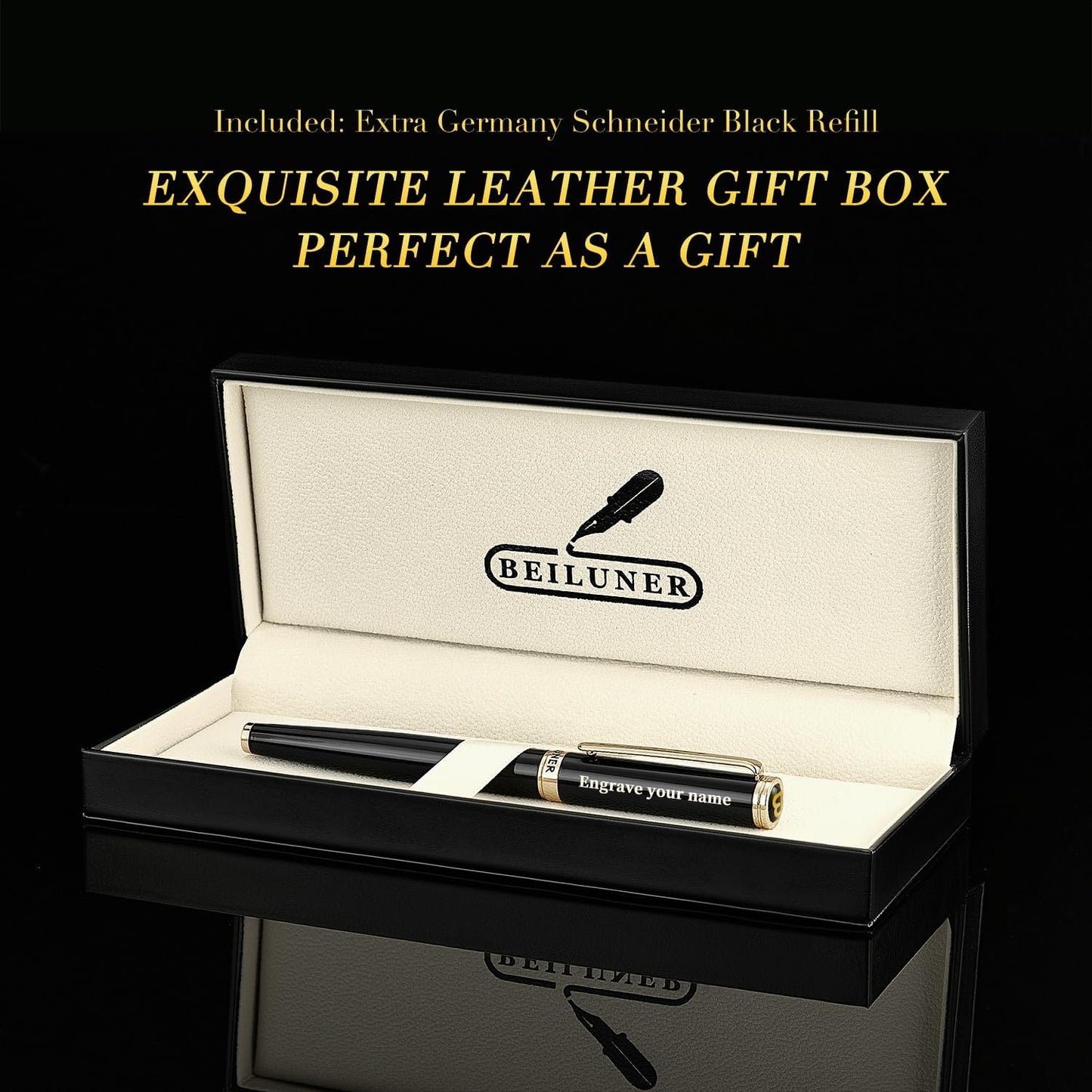 BEILUNER Silver Chrome Fountain Pen,Stunning Luxury Pens with 24K Gold Accents, Gorgeous 24K Gilded Nib(Fine) (Fine Nib,Black with Gold (Personalized))