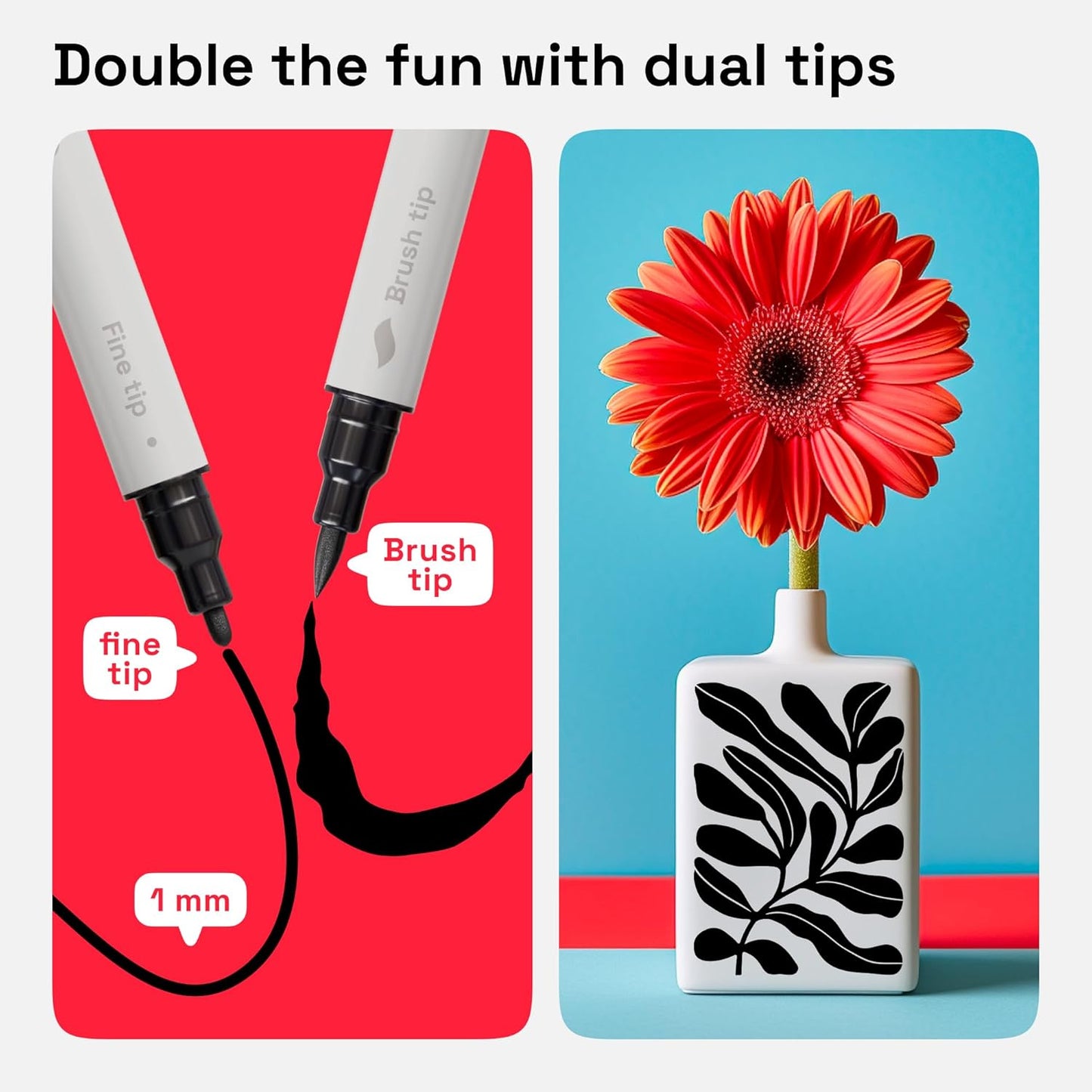 ARTISTRO 5 Black Dual-Tip Acrylic Paint Pens - 1-5 mm Brush + 1mm Fine Tips - Multisurface Markers for Fabric, Glass, & More