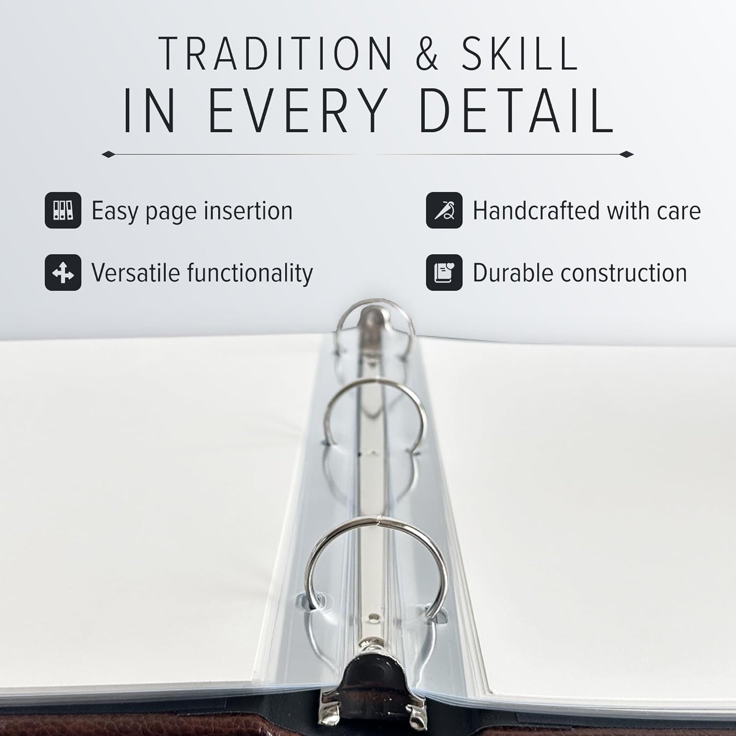 Gallery Leather 3 Ring Binder with Plastic Sleeves, Includes 10 Sheets, Sheet Size: 8.5" x 11" - Presentation Binder Rings with Hubbed Spine, Thick: 1.25" Belfast Brown