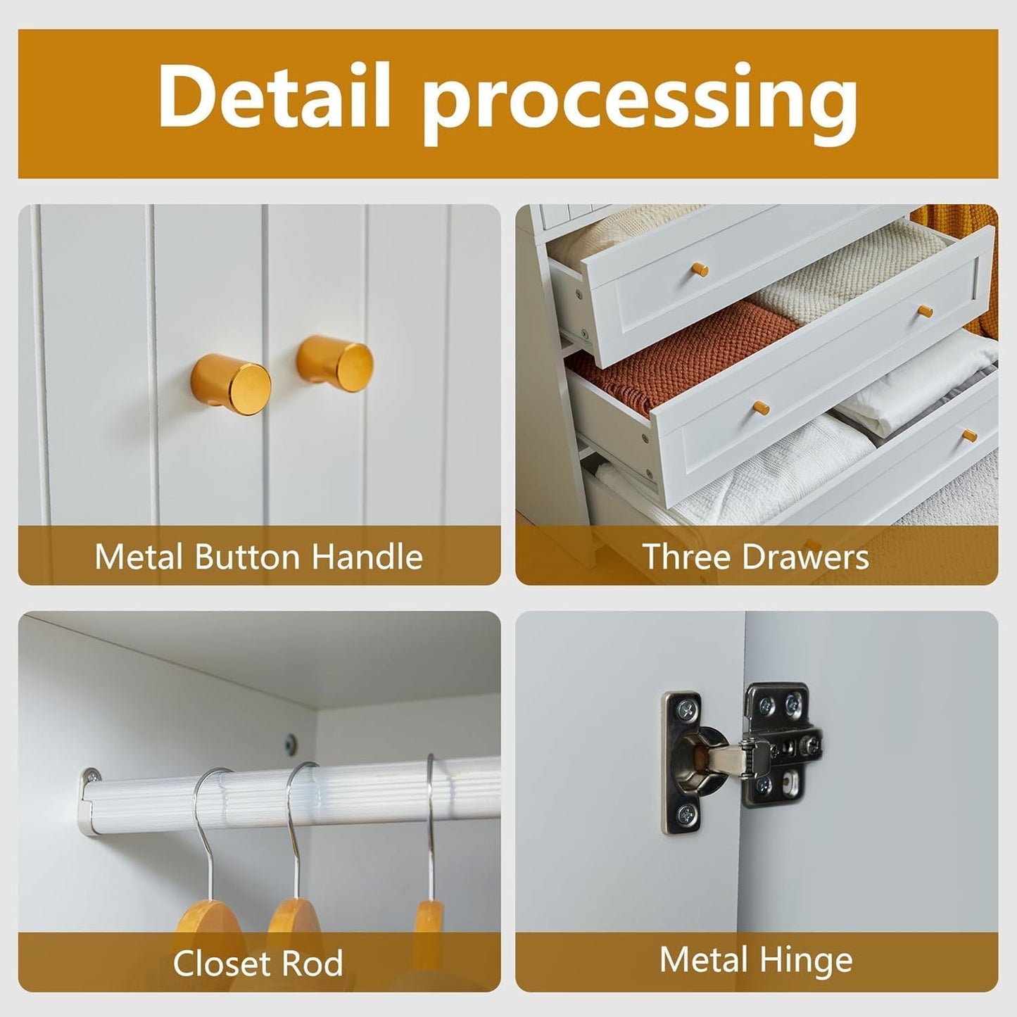 71" Wardrobe Closet Armoire, Wardrobe Armoire Wooden with 2 Doors, 3 Drawers Household Freestanding Wooden Closet Storage Cabinet for Bedroom (White)