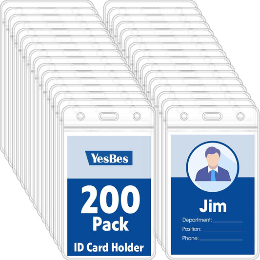 200 Pcs Vertical Badge Holders, Waterproof ID Badge Holder, Clear ID Card Holder with Resealable Zip for Proximity Cards, RFID, Credit Cards