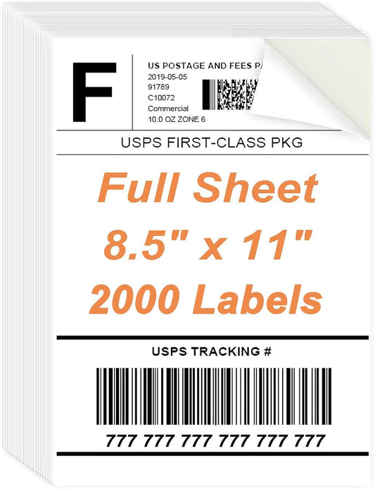 8.5" x 11" Sticker Paper for Inkjet Printers - 2000 Sheets Full Sheet Shipping Labels Printable Full Page Labels 8.5×11 White Sticker Paper for Laser Printing - Matte