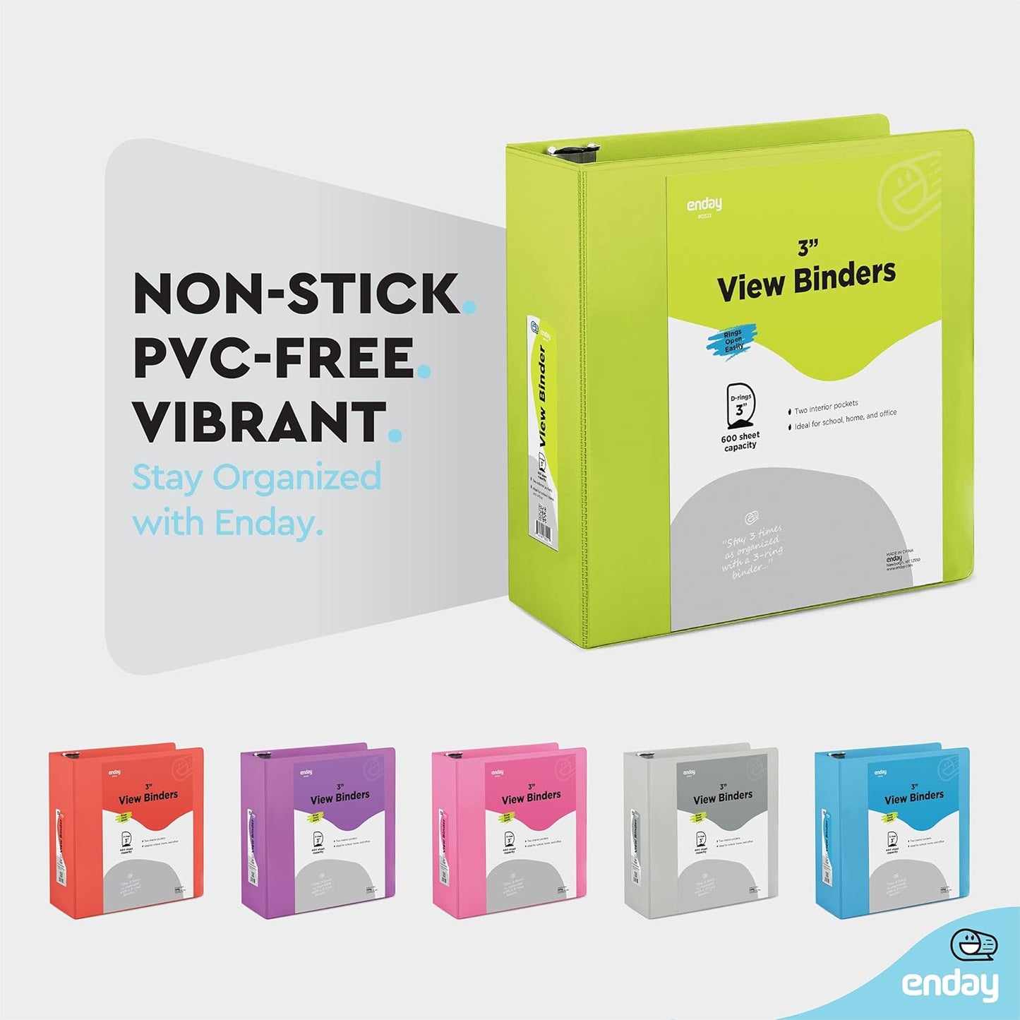 3 Slant D-Ring Binder 3 Inch Green, 3 in Clear View Cover with 2 Inside Pockets Binder, Heavy Duty Colored School Supplies Binders,Also Available in Red, Grey, Purple, Blue, Pink (12 PC) – by Enday