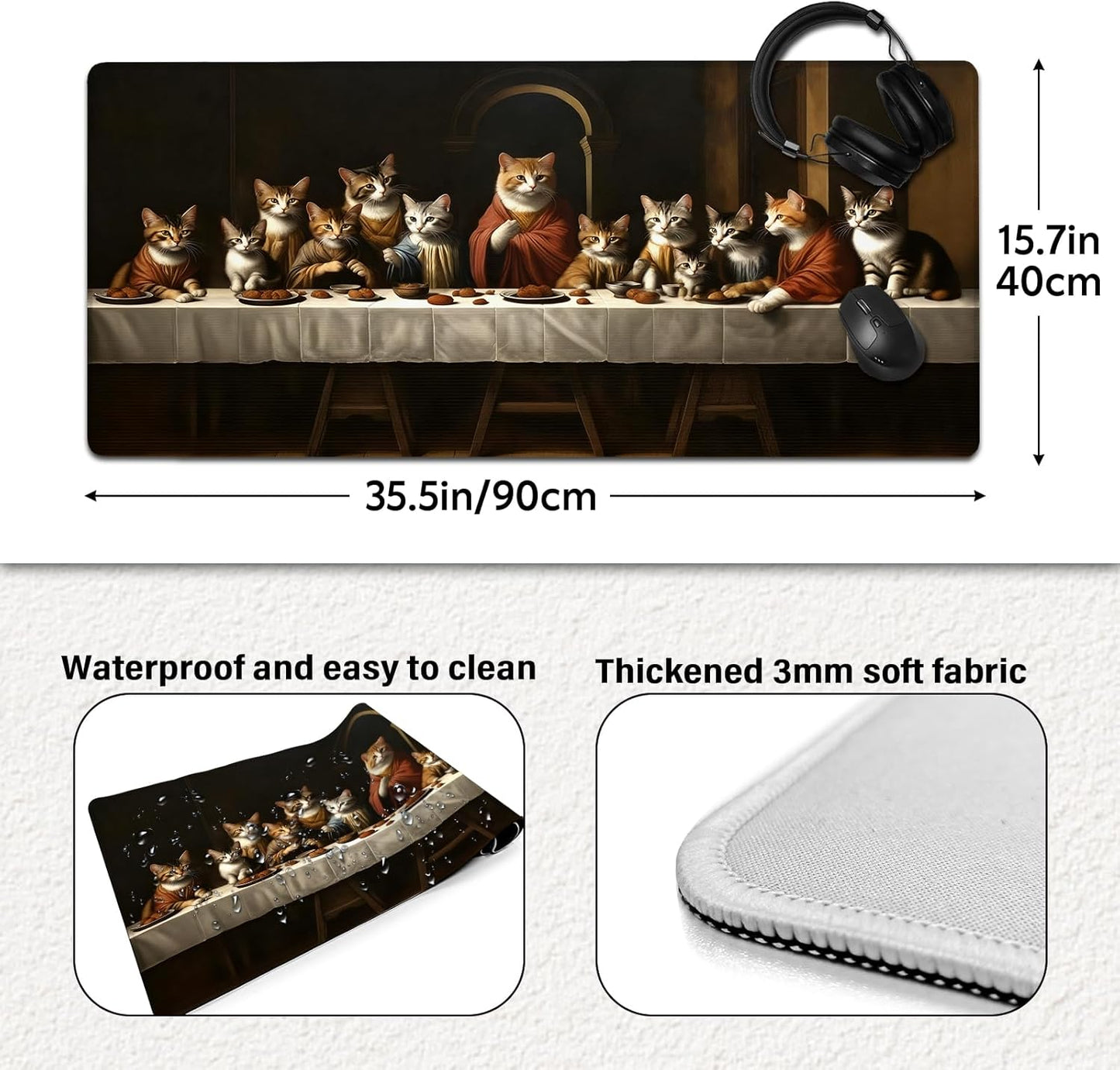 Artistic Cat Last Supper Mouse Pad, Adorable Cats in Religious Scenario Mousepad - Large Non-Slip Desk Mat for Office, PC, Laptop - 35.5"x15.7" x 3mm