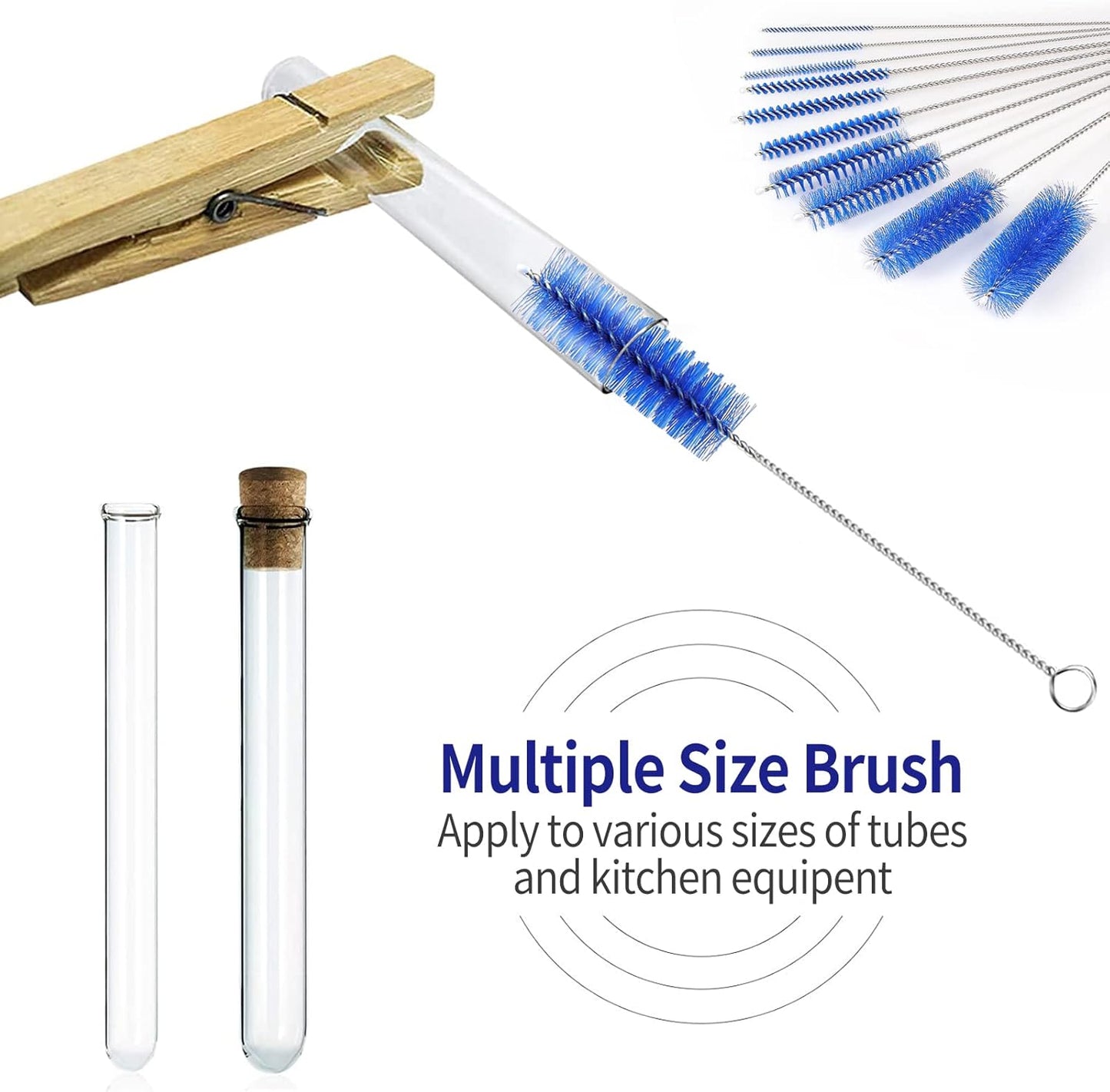 CiaraQ Bottle Cleaning Brushes, 8 Inch Nylon Tube Brush Set, Cleaner for Narrow Neck Bottles Cups with Hook, Set of 10pcs. Navy Blue