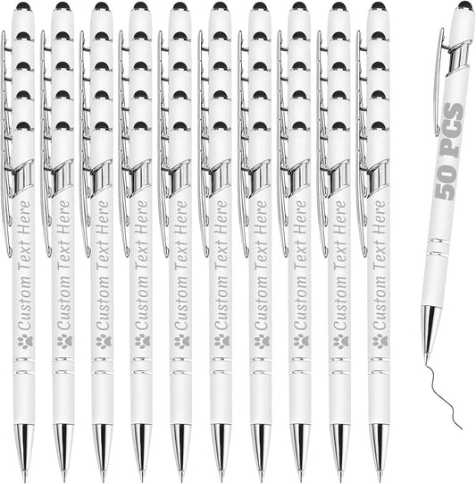 Personalized Pens Bulk 50 with Name Custom Engraving Ballpoint Pens with Stylus Tip Customized Smooth Writing Pens Personalized Gifts for Anniversary Birthday or Graduation(White,Black Ink)
