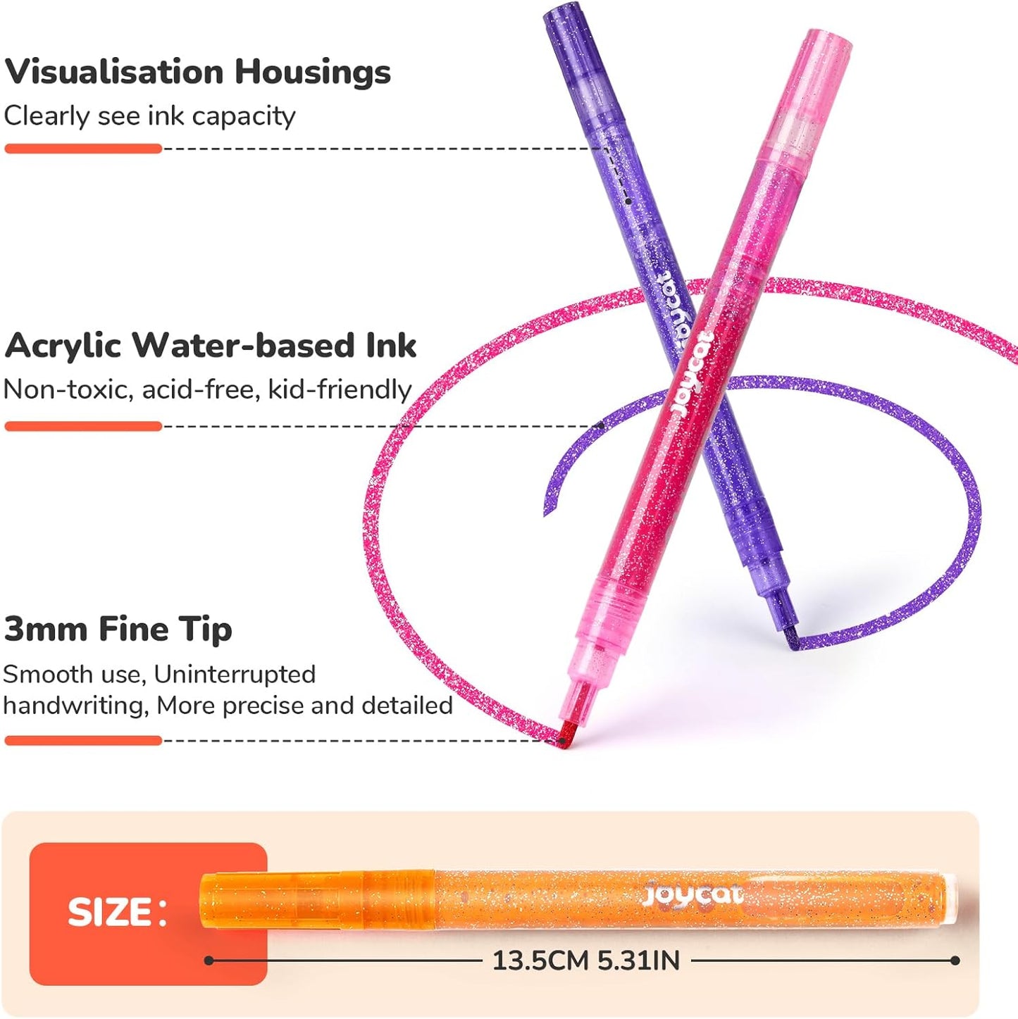 JoyCat 3mm Medium Tip Glitter Markers - 12 Vibrant Colors (Red to Pink) | 3ml High-Capacity Ink | Multi-Surface Paint Pens for Rock, Wood, Fabric, Glass | Gift for Kids DIY Crafts