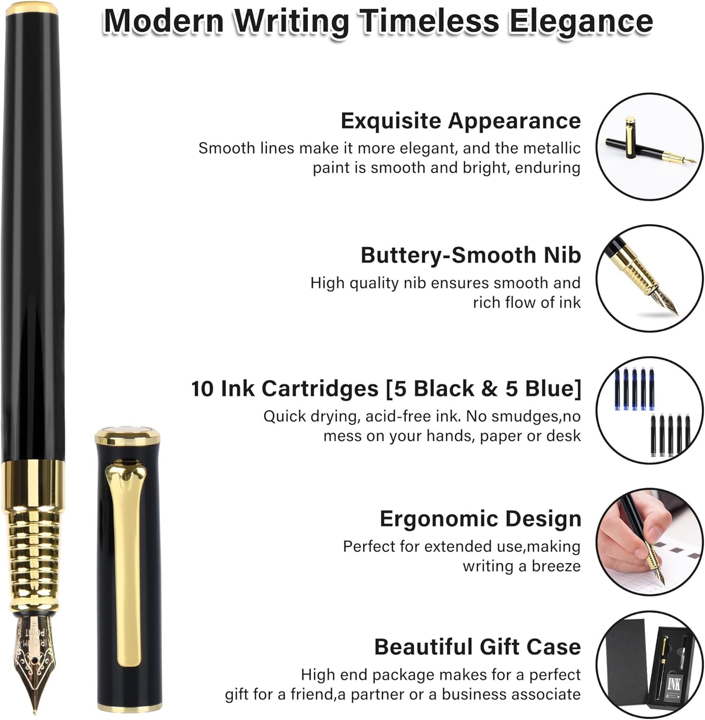 Black Fountain Pen Set, Medium Nib, Includes 10 Ink Cartridges, 2 Ink Refill Converter and Premium Gift Box, Luxury Pen Perfect for Men and Women