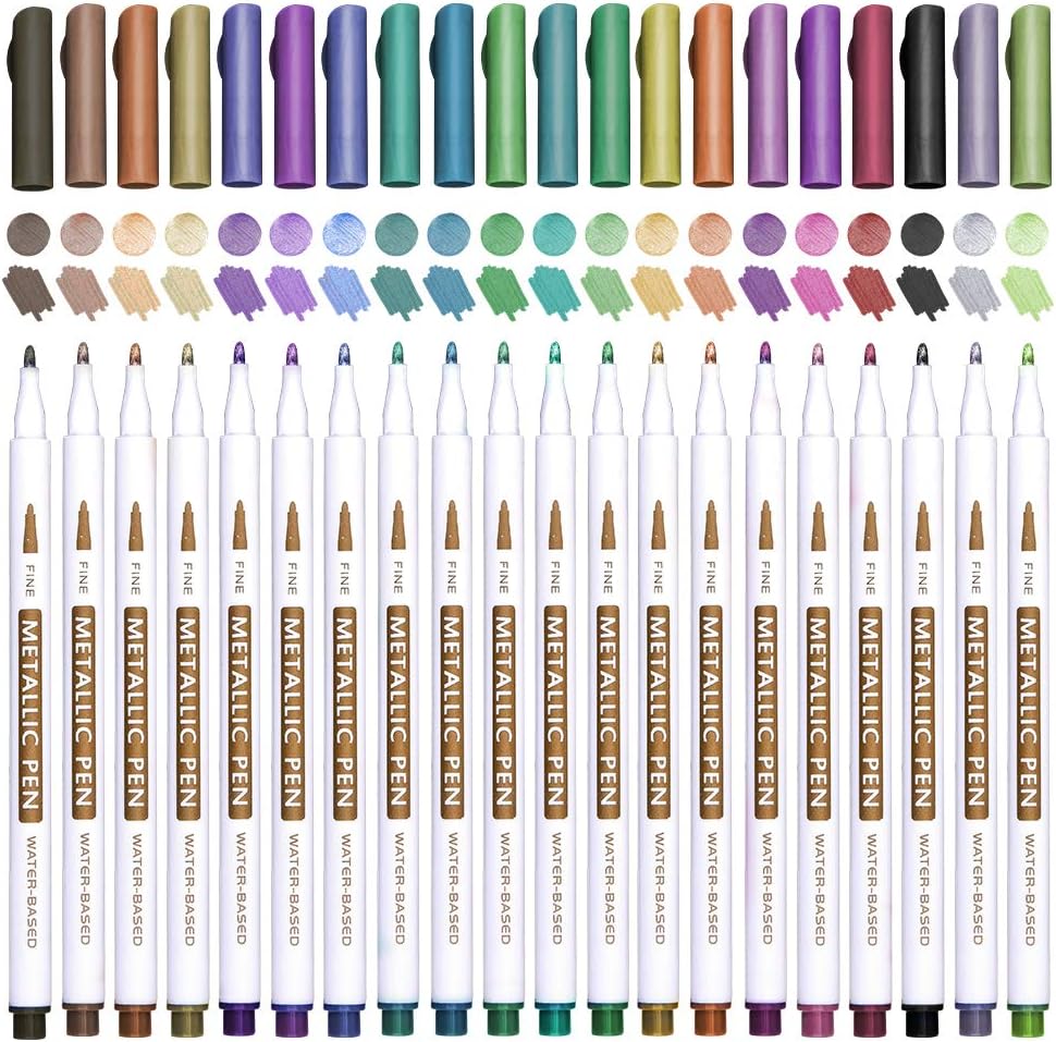 20 Colors Metallic Marker Pens, Lelix Fine Tip Paint Pens for DIY Photo Album, Black Paper, Card Making, Rock Art Painting, Scrapbooking, Glass, Metal, Wood