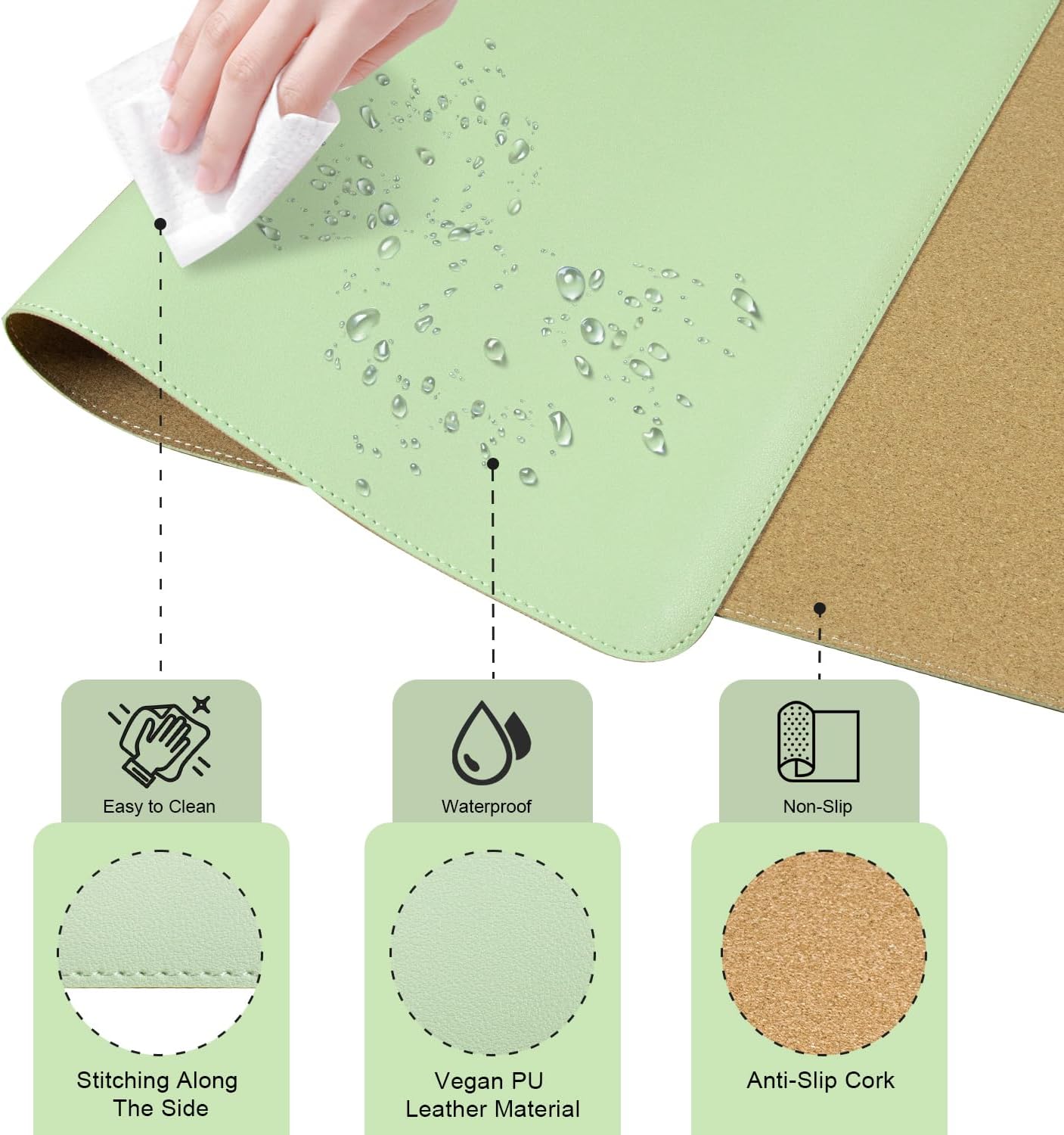 BLESWIN Large Desk Pad, 47.2'' x 23.6'', Office Desk Mat, Computer Mat for Desk, Leather Desk Pad Protector, Sewing Desk Blotter, Desktop Writing Pad for Office/Home/Decor Light Green