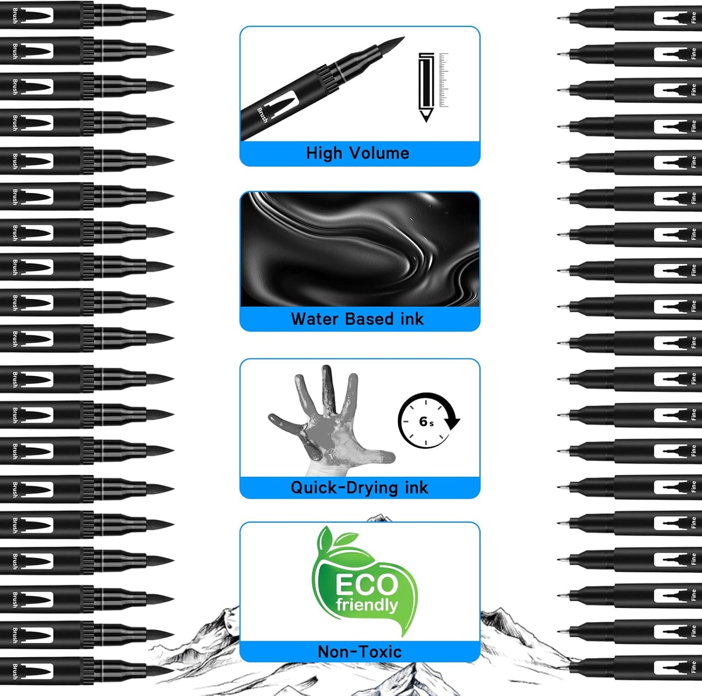 Black Drawing Pens, 12 Pack Dual Tip Brush Pens - Fine Liner & Brush Markers for Sketching, Calligraphy, Journaling - Water-Based, Quick-Drying Ink - Ideal for Artists, Adults & Kids