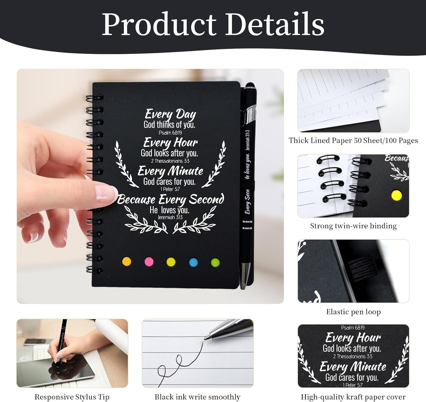 200 Pcs Bulk Christian Gifts Prayer Journal for Woman - 100 Set Religious Notepad with Christian Pen - Bible Notebook - Church Gifts for Inspirational, Bible Study, Devotions (Black)