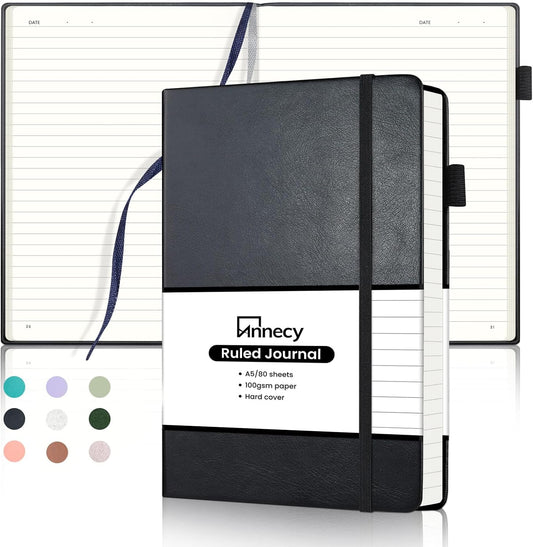 Annecy Lined Journal Notebook, Hardcover Numbered College Ruled Journal, Medium 5.5x 8.25, 160 Pages 100GSM Writing Paper, Black