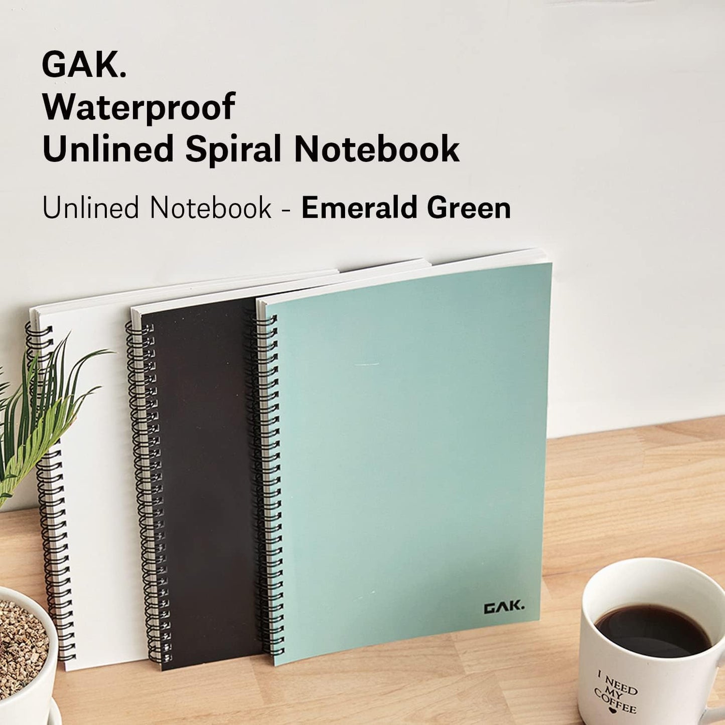 GAK. Stone Paper Notebook | No Lines Spiral Notebook Waterproof Sheet Aesthetic Journal for Note Taking | Notebooks for Work & Aesthetic School Supplies | Large Size, Green (7.2”x10.1”, 50 sheets)